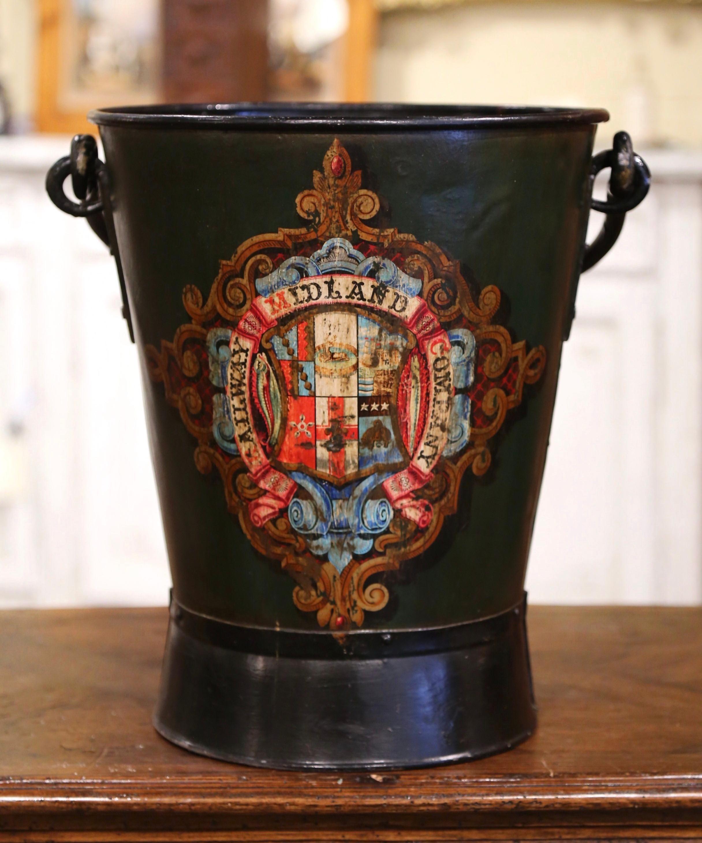 Metal 19th Century English Hand Painted Iron Coal Bucket with Decorative Crest