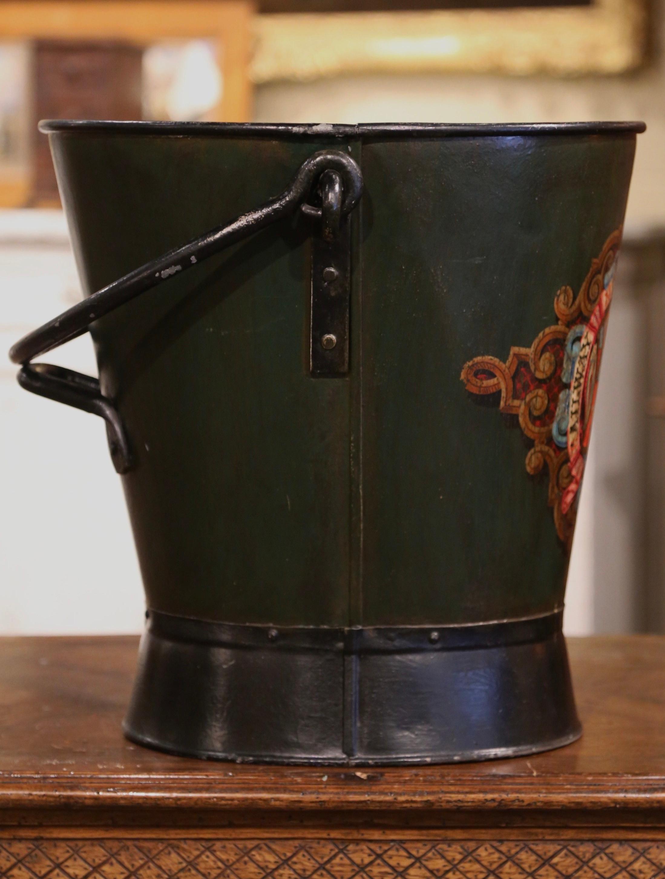 19th Century English Hand Painted Iron Coal Bucket with Decorative Crest 1