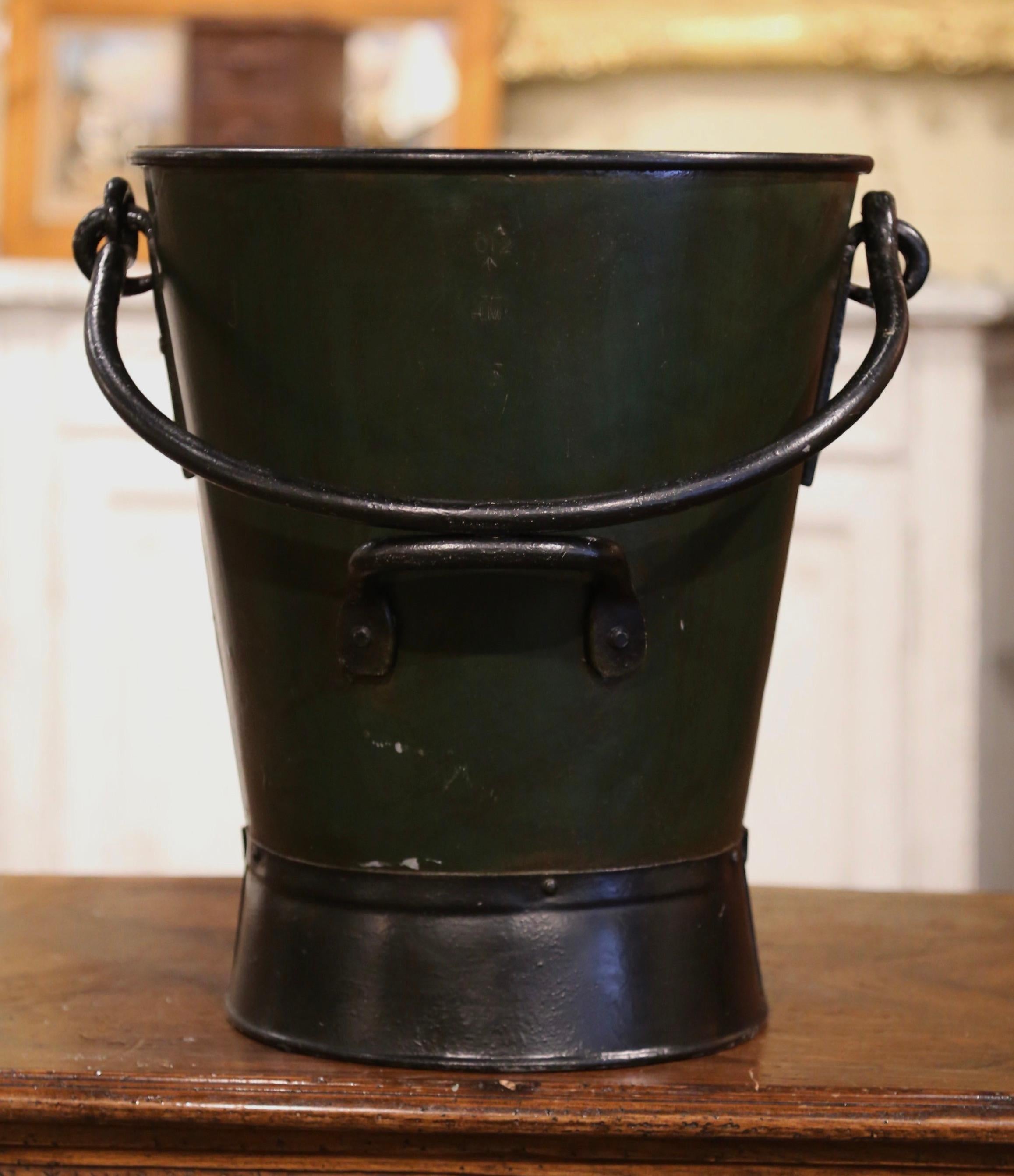 19th Century English Hand Painted Iron Coal Bucket with Decorative Crest 2
