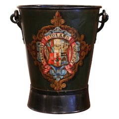 19th Century English Hand Painted Iron Coal Bucket with Decorative Crest