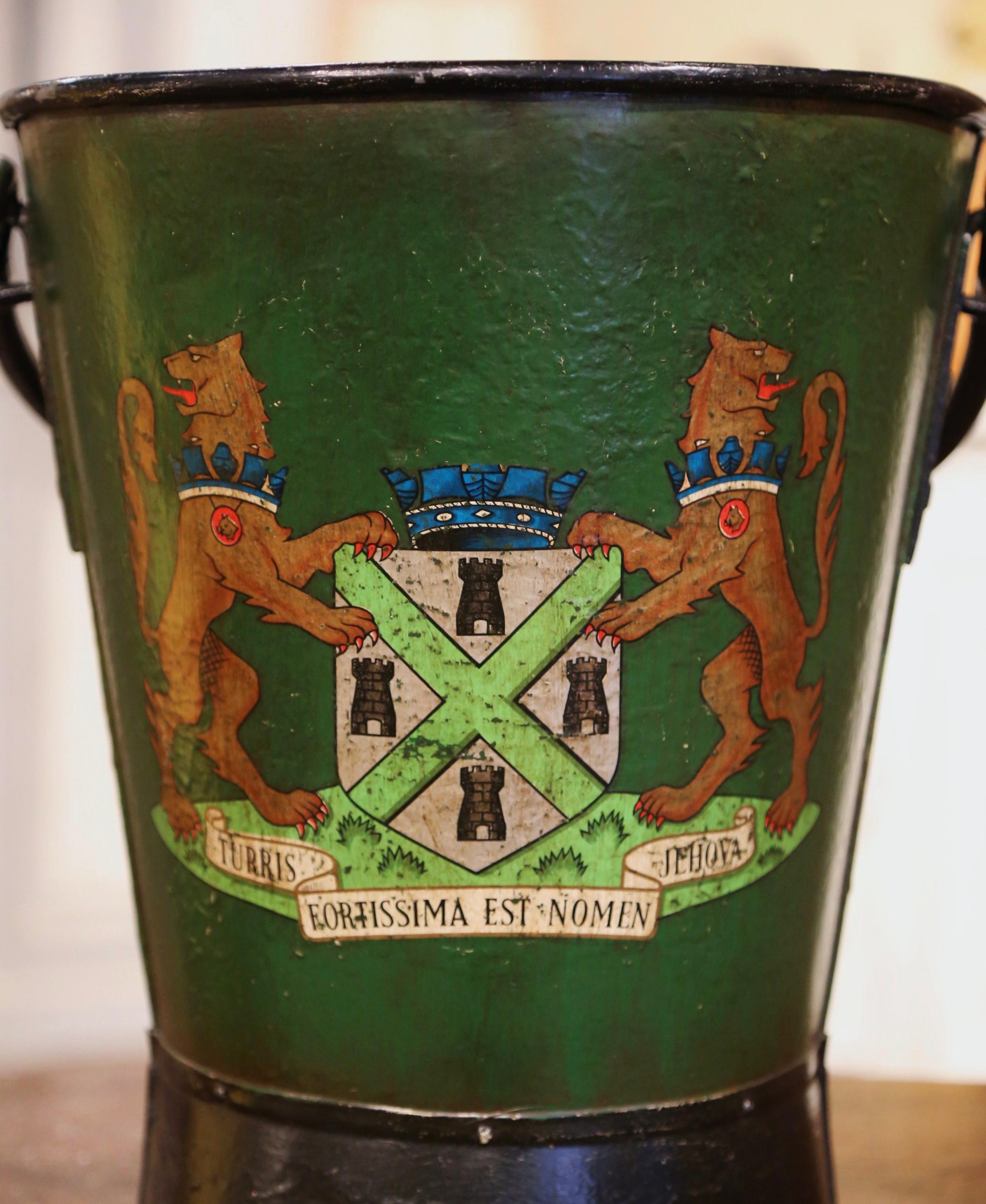 Gilt 19th Century English Hand Painted Iron Coal Bucket with Plymouth Crest and Motto