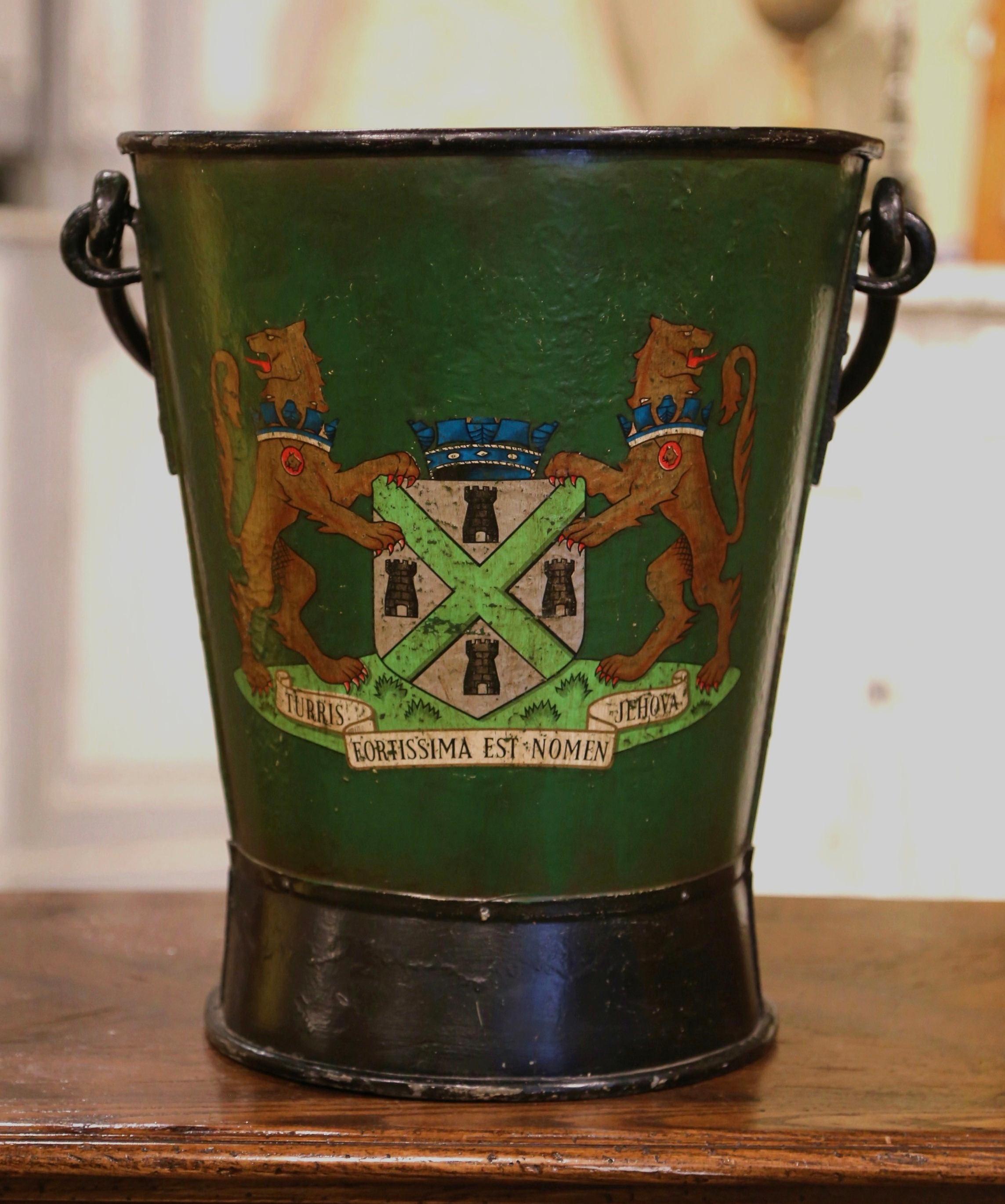 19th Century English Hand Painted Iron Coal Bucket with Plymouth Crest and Motto In Excellent Condition In Dallas, TX