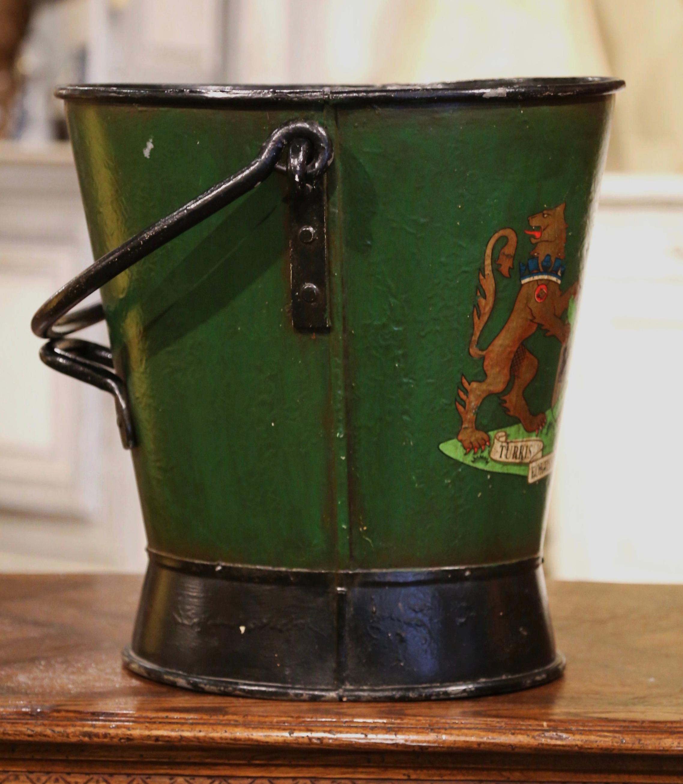 19th Century English Hand Painted Iron Coal Bucket with Plymouth Crest and Motto 1