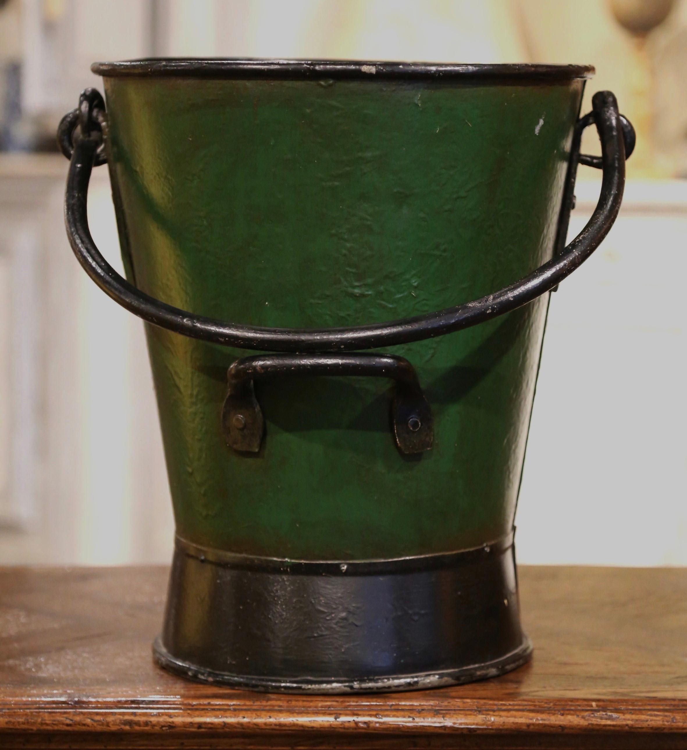 19th Century English Hand Painted Iron Coal Bucket with Plymouth Crest and Motto 2