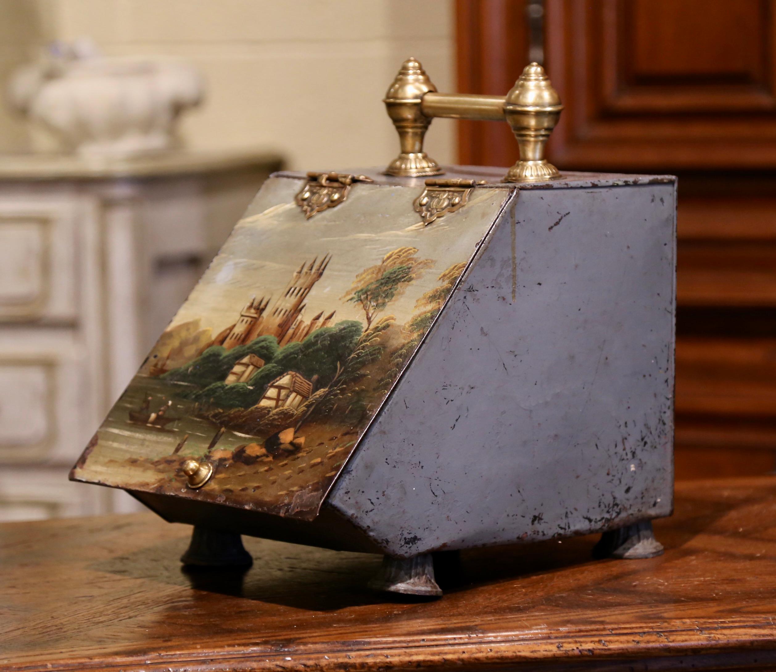 19th Century English Hand Painted Metal and Brass Coal Bucket In Excellent Condition For Sale In Dallas, TX