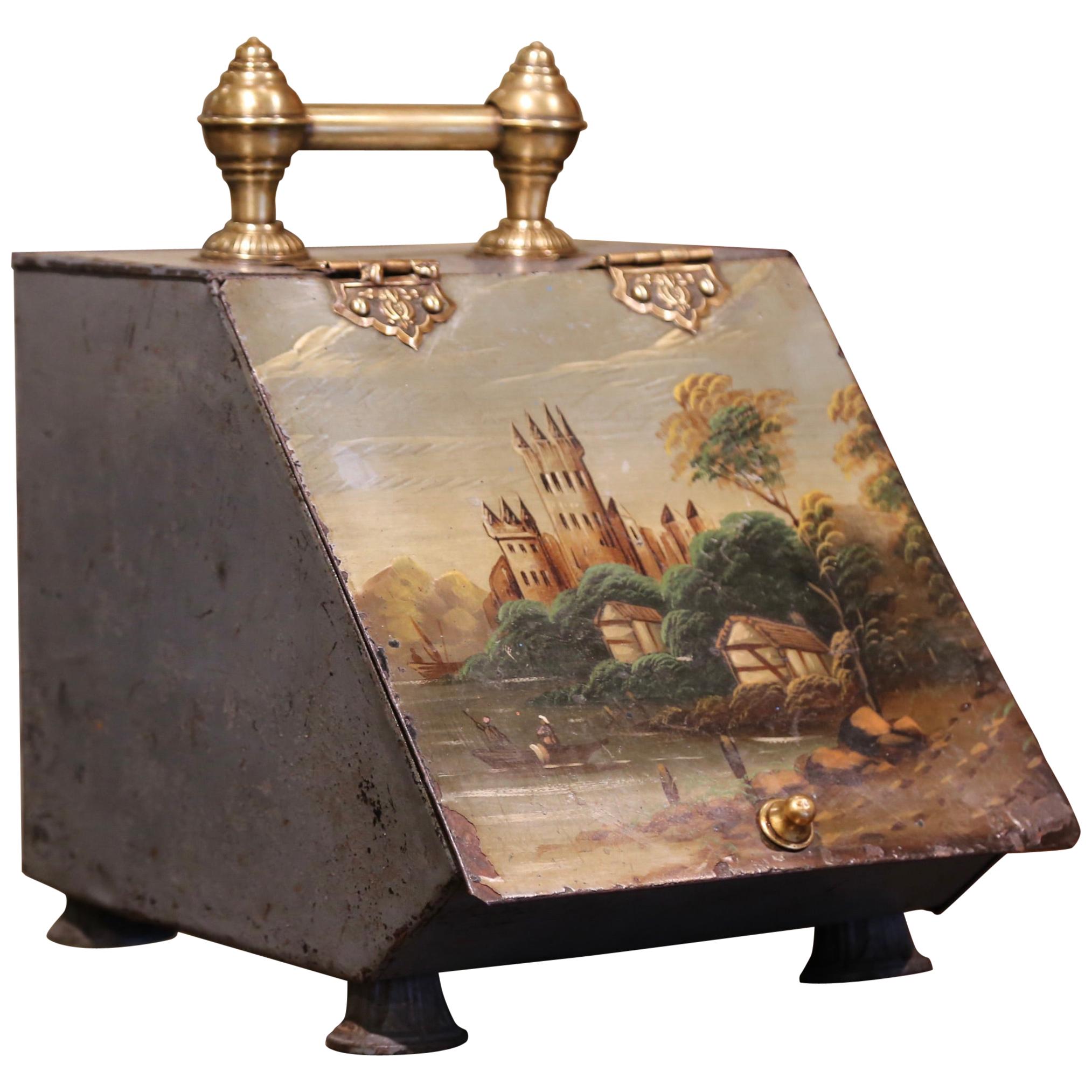 19th Century English Hand Painted Metal and Brass Coal Bucket For Sale