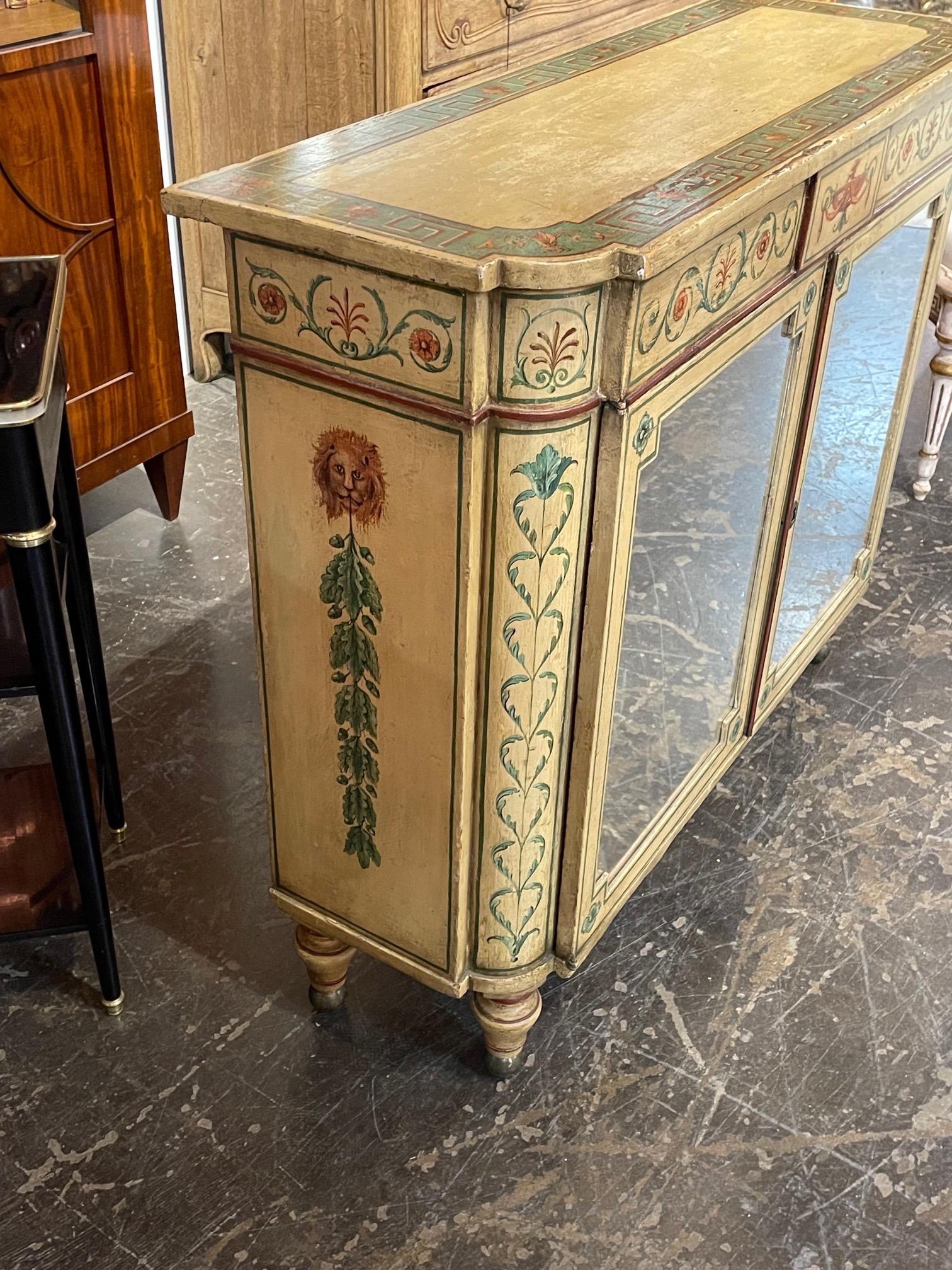 Wood 19th Century English Hand Painted Narrow Hall Cabinet For Sale