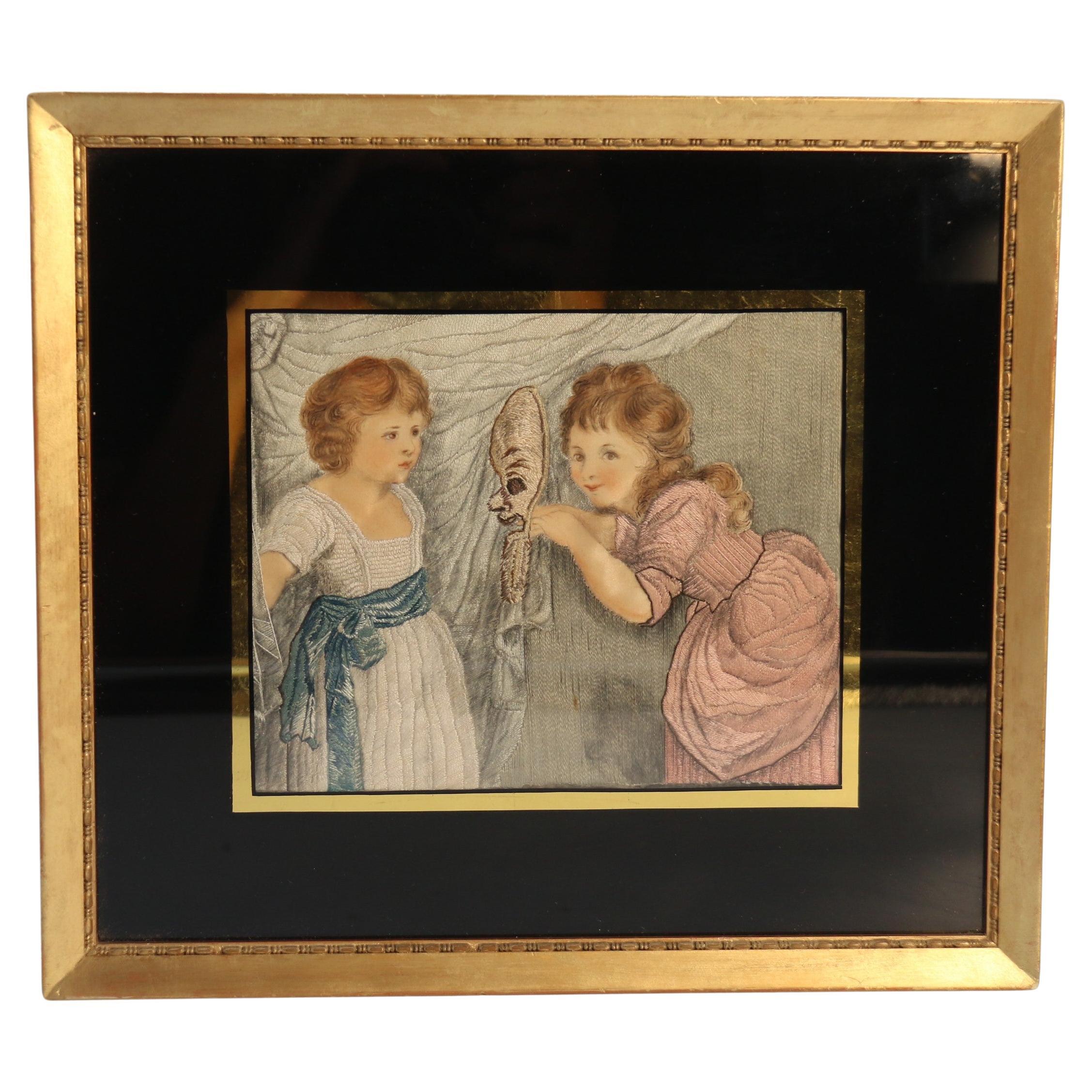19th century English hand painted on silk needlework picture circa 1830 For Sale
