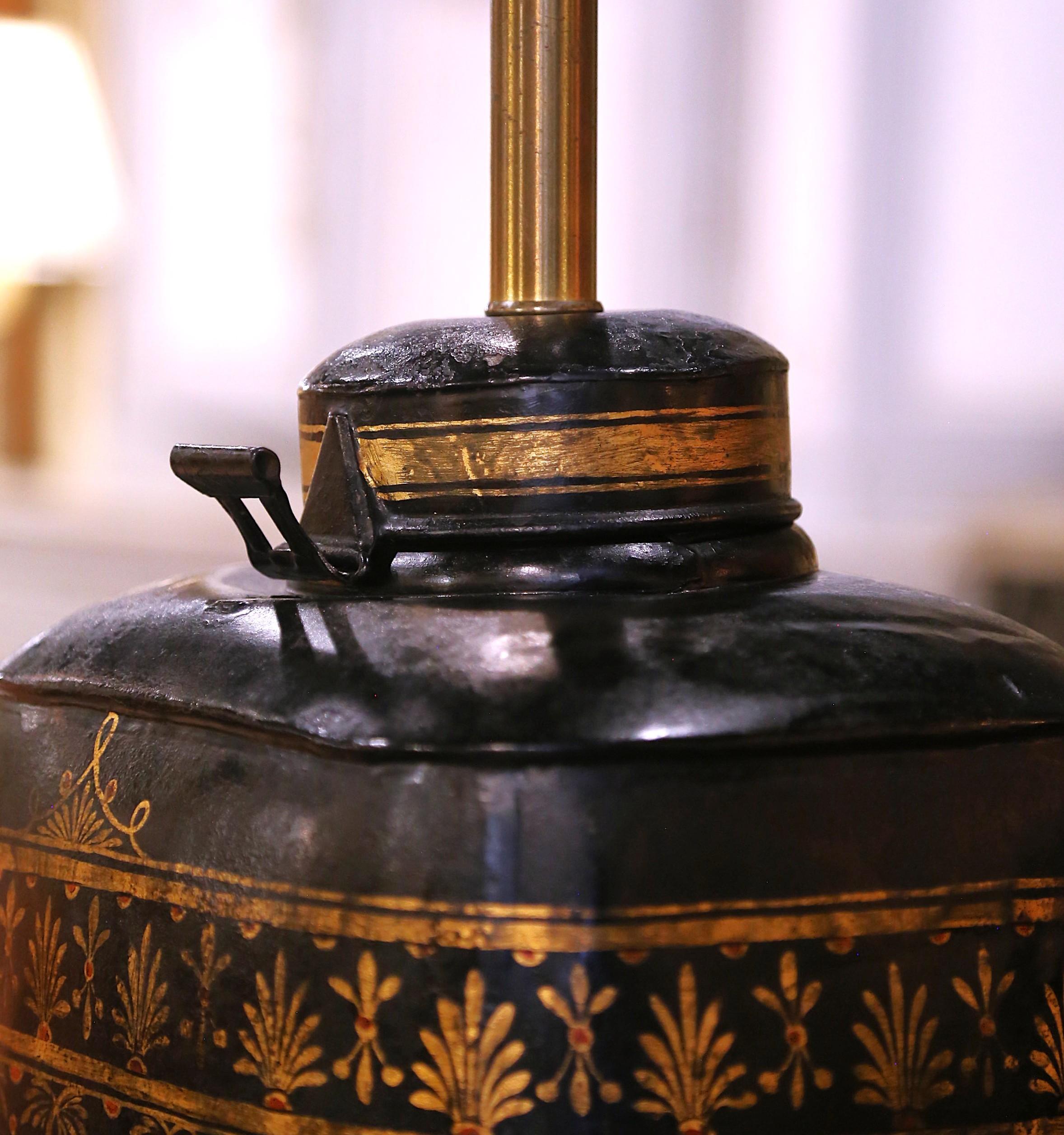 19th Century English Hand Painted Tole Tea Canister Table Lamp 1