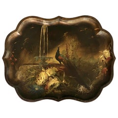 19th Century English Hand Painted Tole Tray in Chinoiserie Style with Peacock