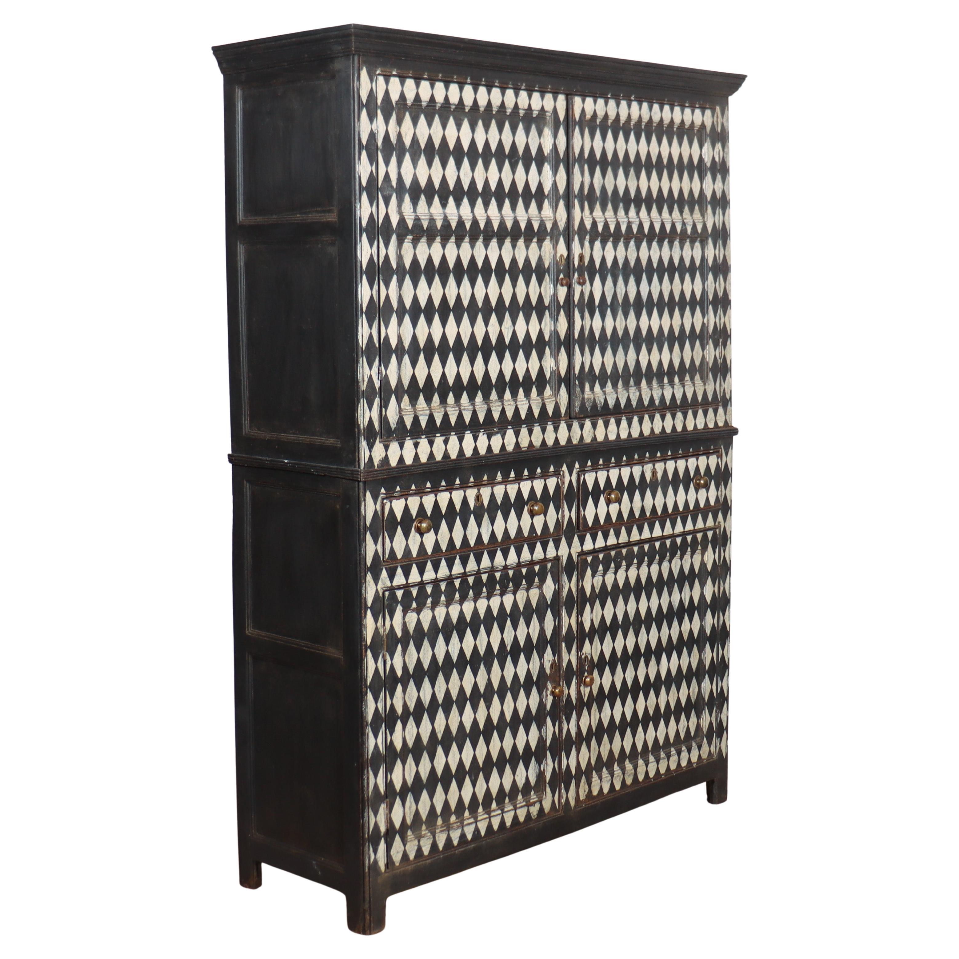 19th Century English Harlequin Painted Linen Cupboard For Sale