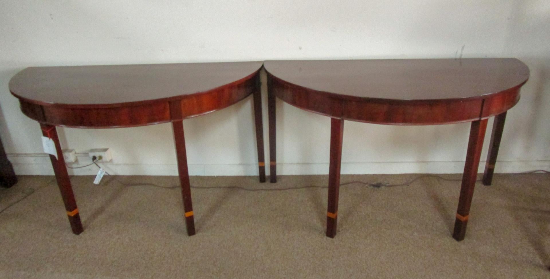 19th century English Hepplewhite Pair Demi-lune Console Tables For Sale 9