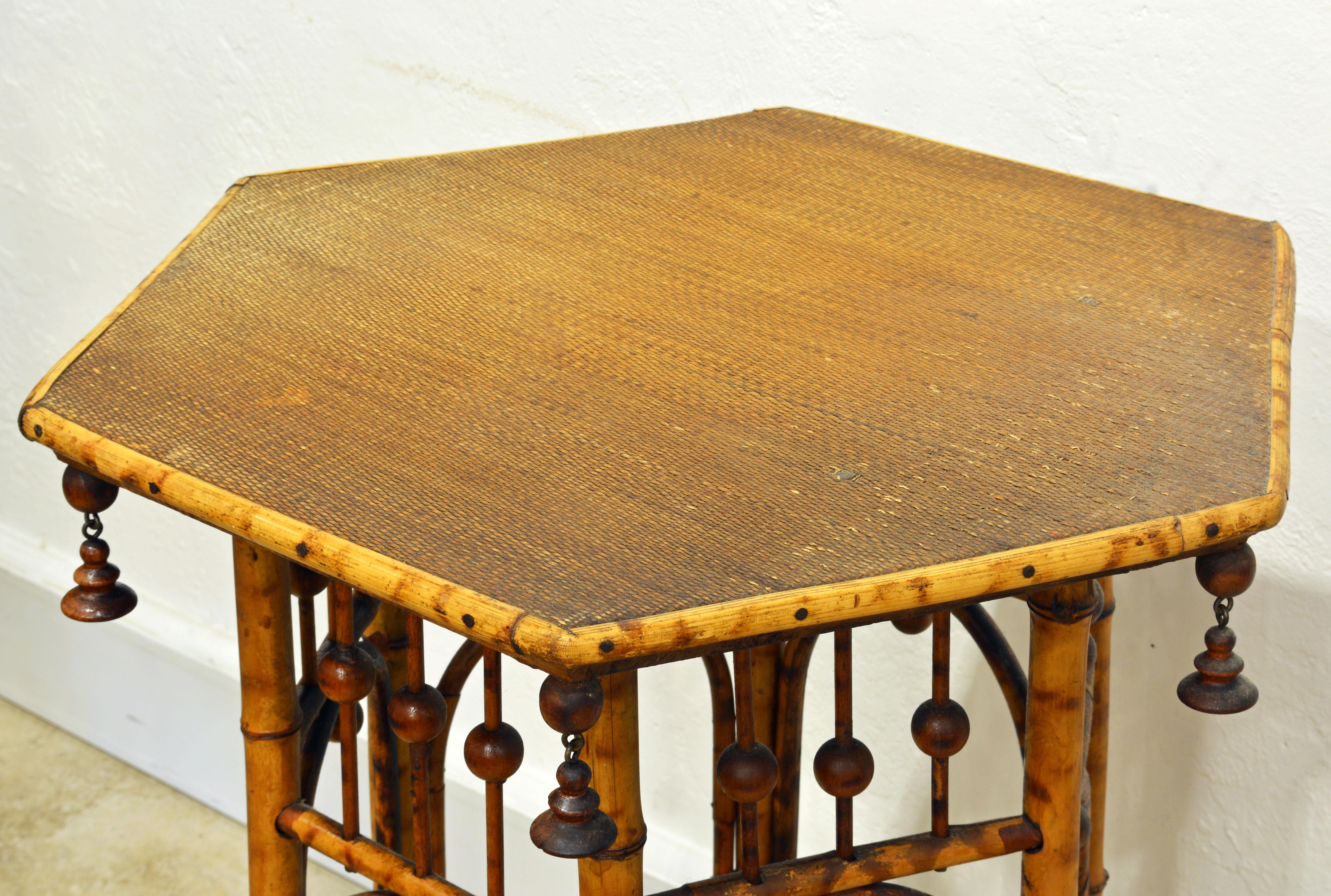 Victorian 19th Century English Hexagonal Burnished Bamboo Chinoiserie Style Two-Tier Table