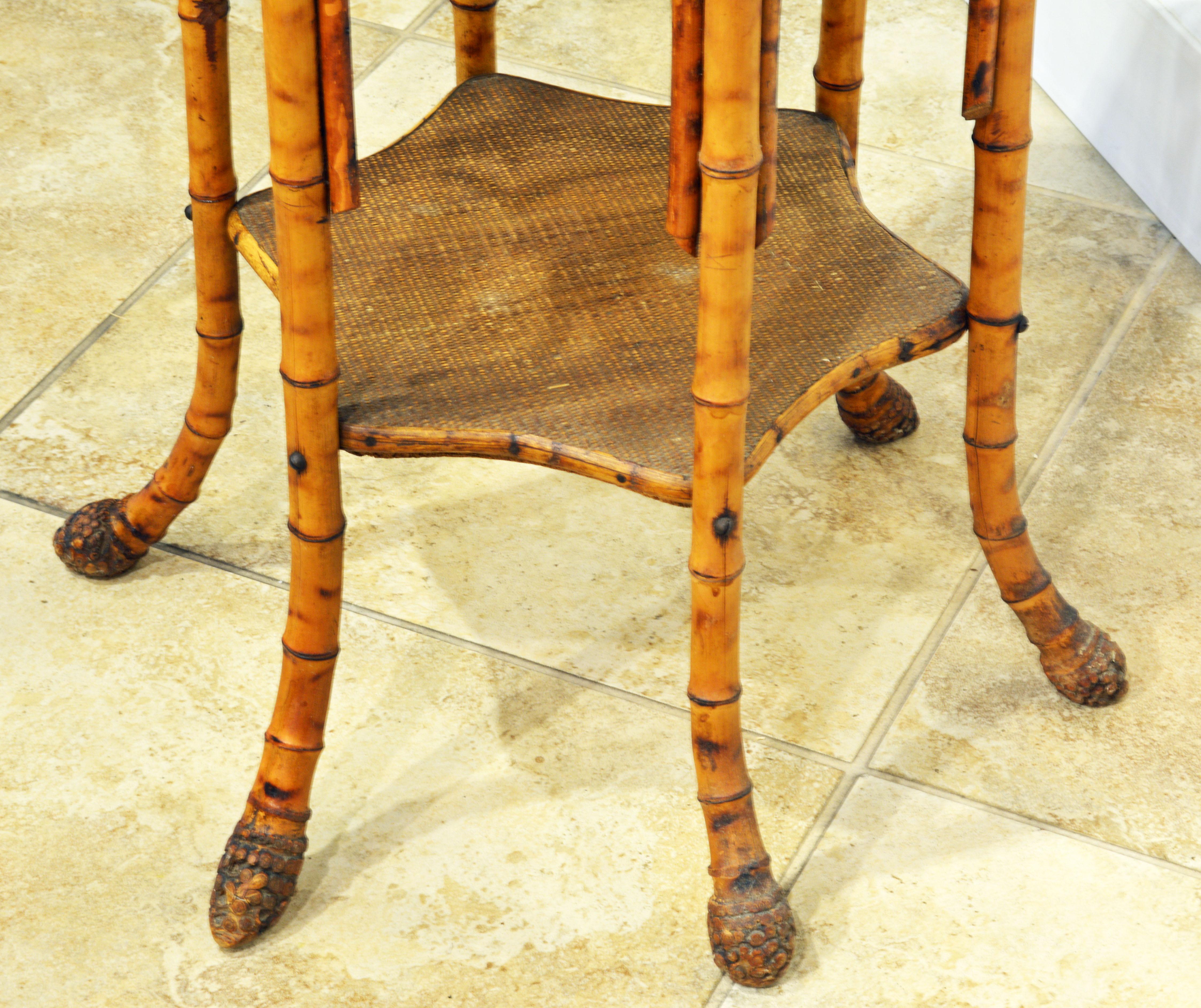 19th Century English Hexagonal Burnished Bamboo Chinoiserie Style Two-Tier Table In Good Condition In Ft. Lauderdale, FL