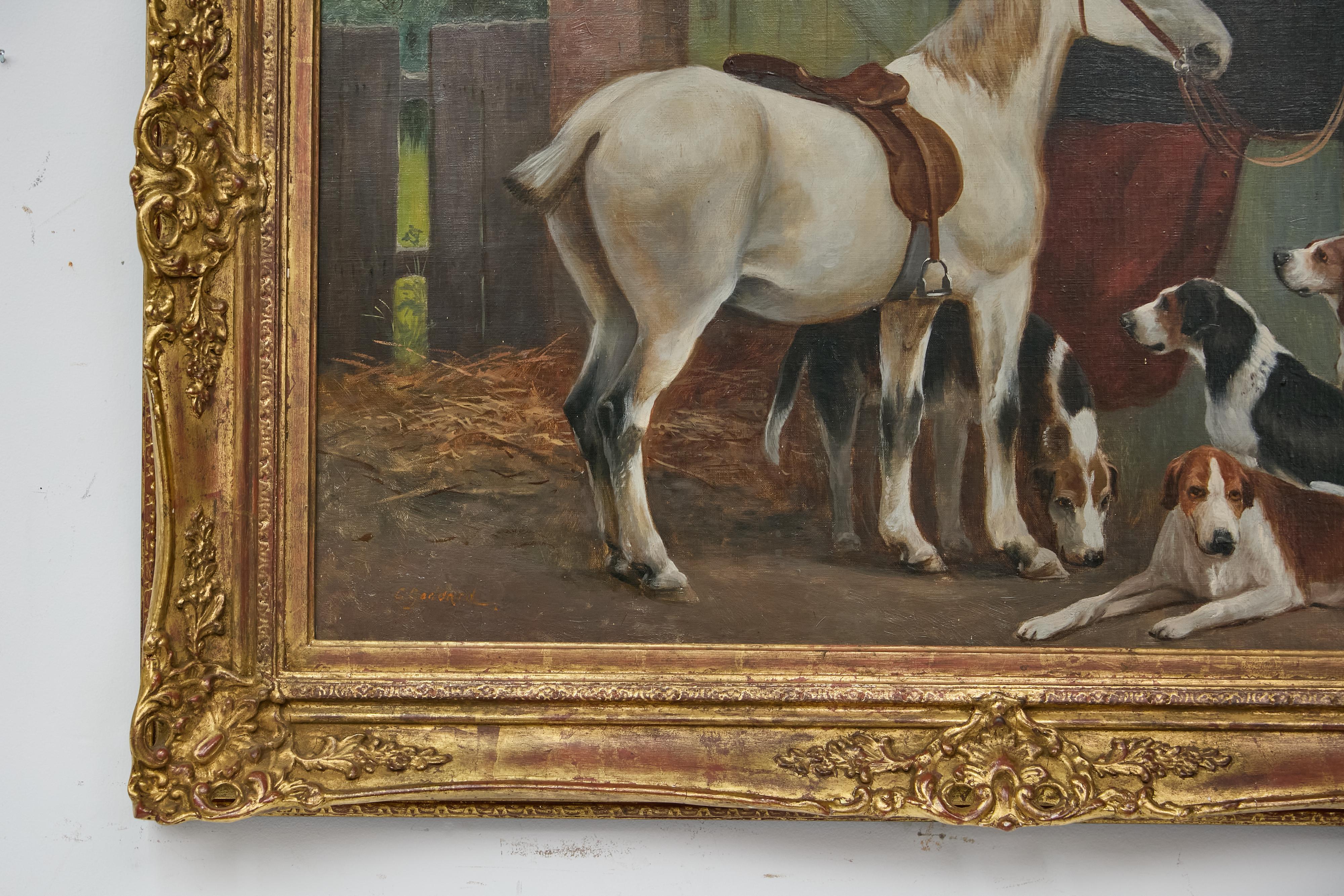 Peinture à l'huile du 19e siècle sur le thème du cheval et du chien dans un cadre, signée C.I.C. en vente 3