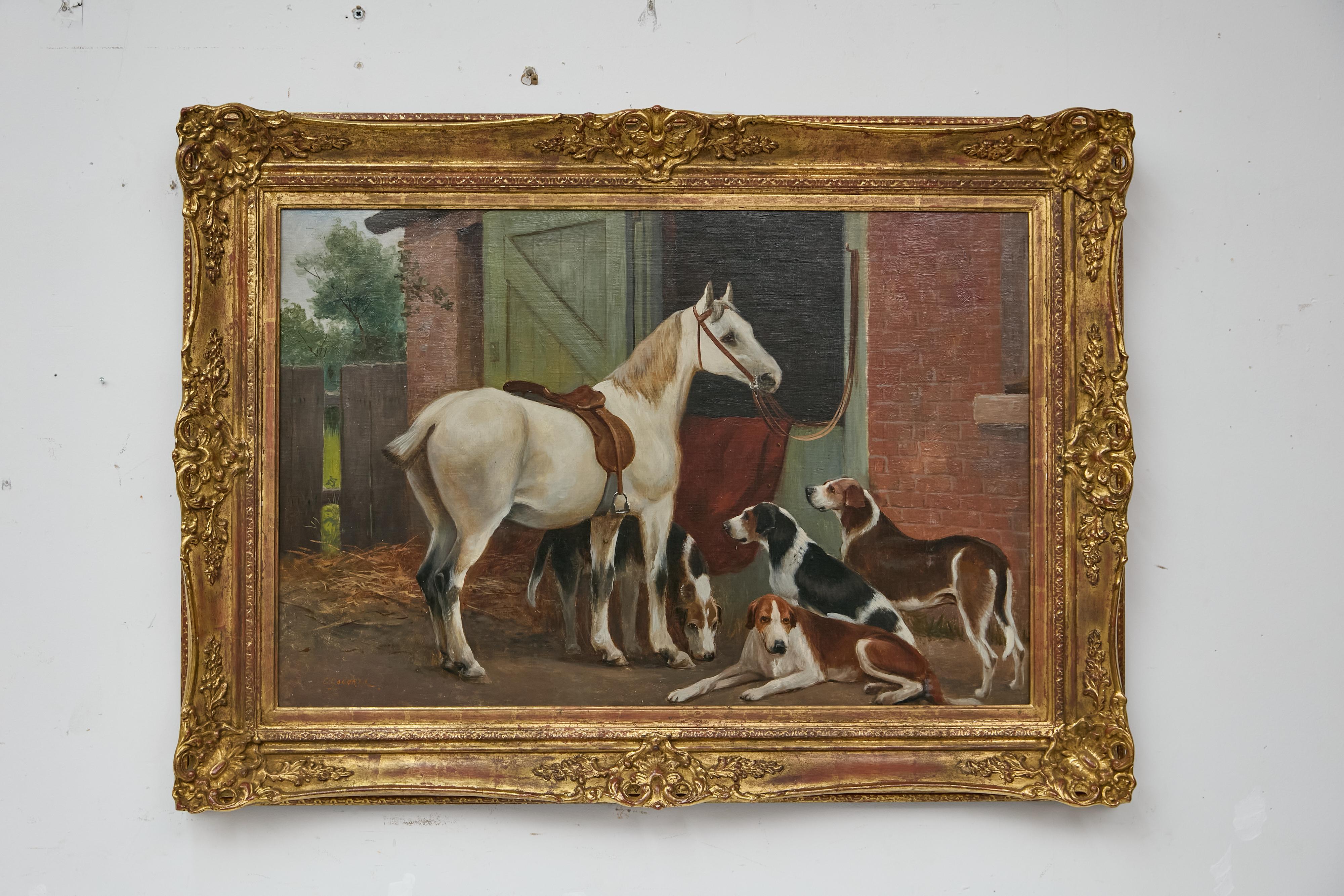 Peinture à l'huile du 19e siècle sur le thème du cheval et du chien dans un cadre, signée C.I.C. en vente 4