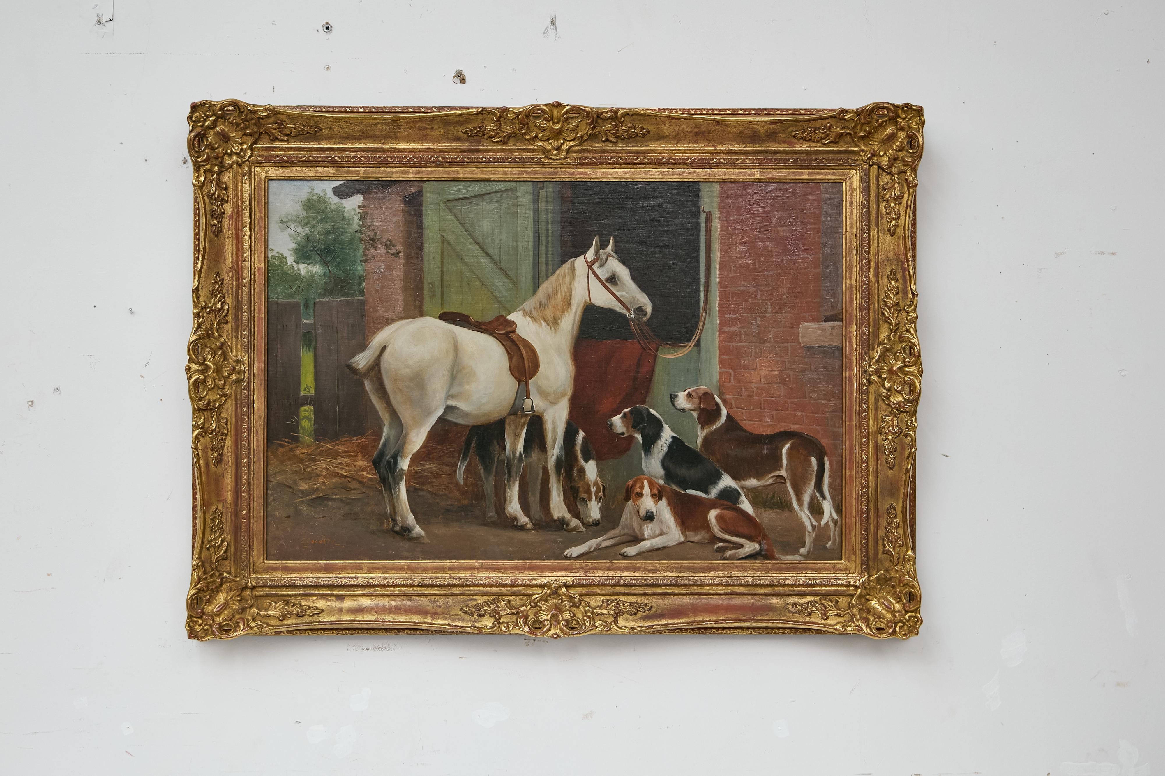 Anglais Peinture à l'huile du 19e siècle sur le thème du cheval et du chien dans un cadre, signée C.I.C. en vente