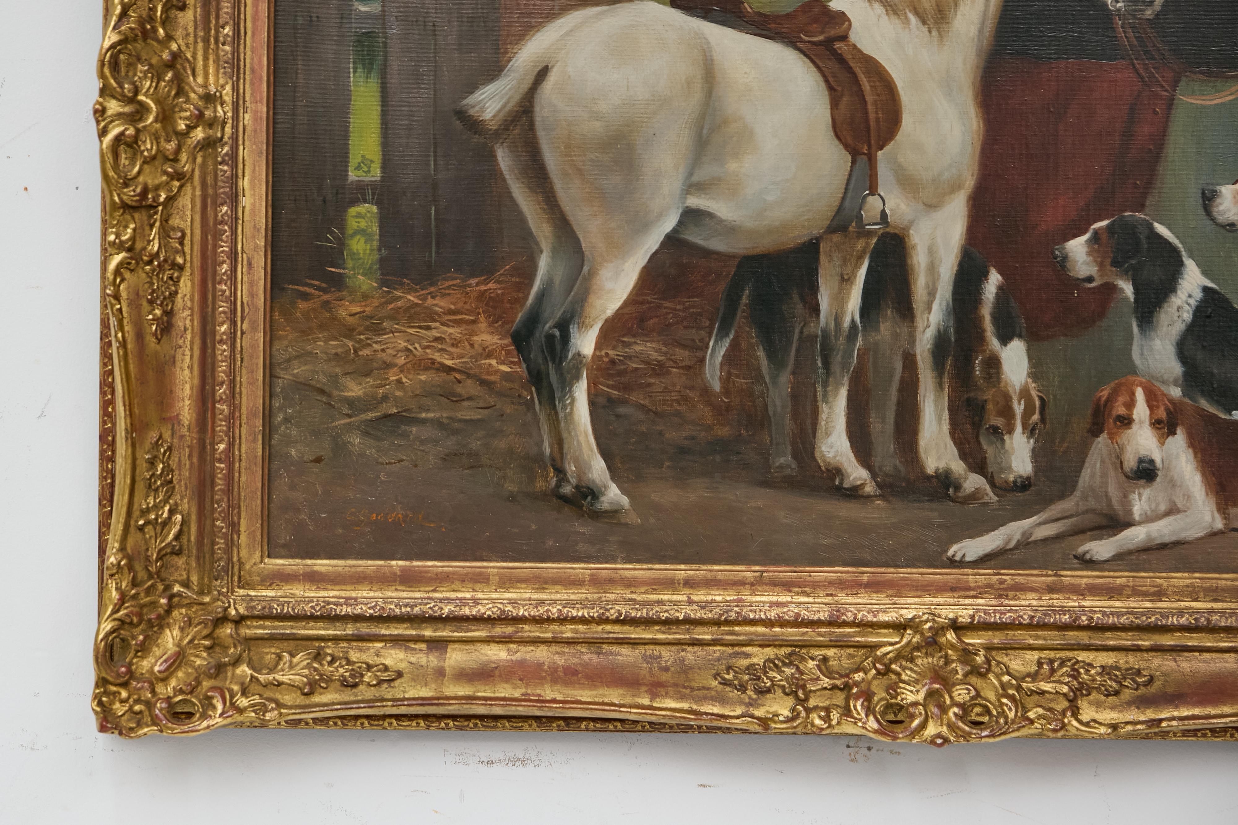 Peinture à l'huile du 19e siècle sur le thème du cheval et du chien dans un cadre, signée C.I.C. Bon état - En vente à Atlanta, GA