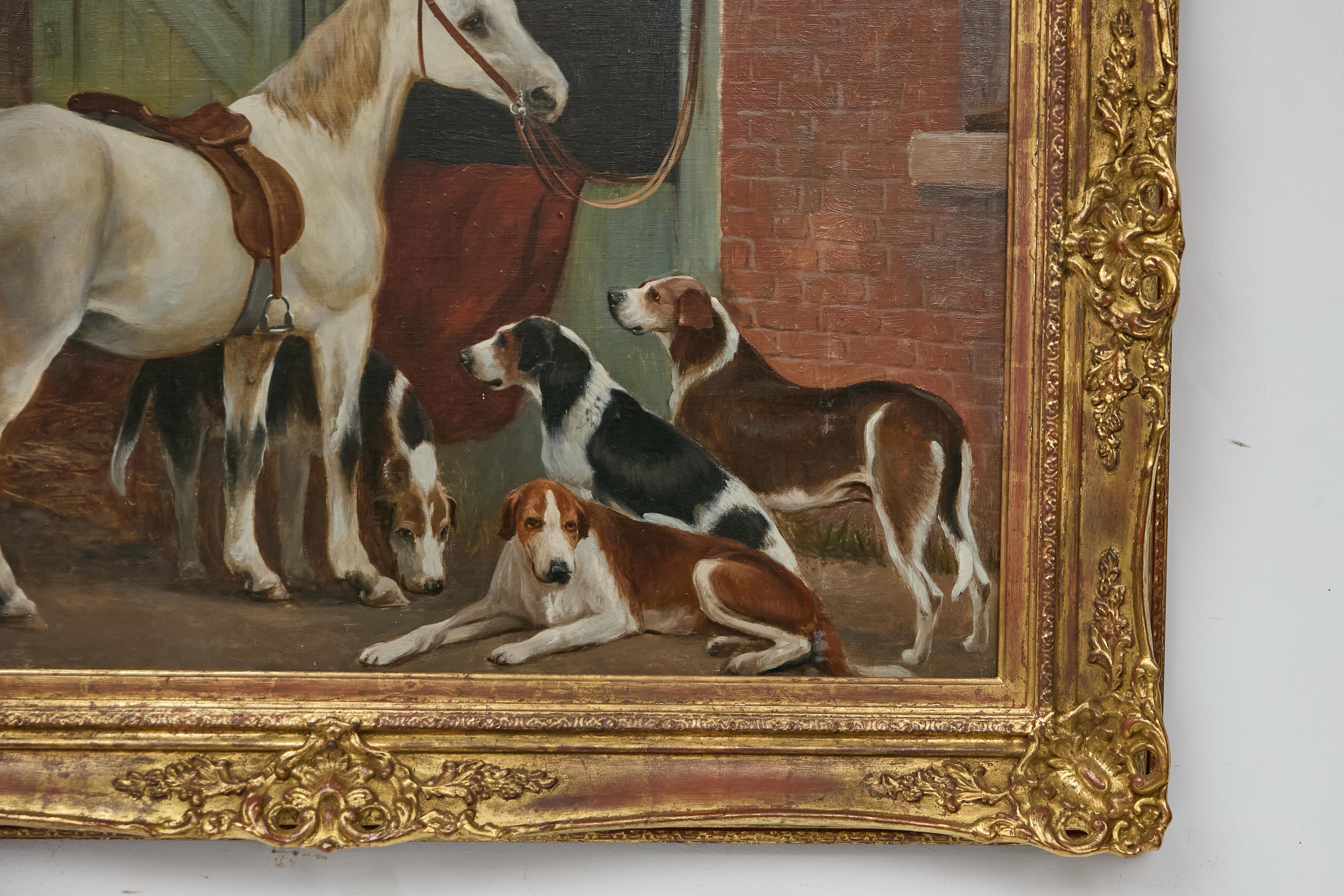 20ième siècle Peinture à l'huile du 19e siècle sur le thème du cheval et du chien dans un cadre, signée C.I.C. en vente