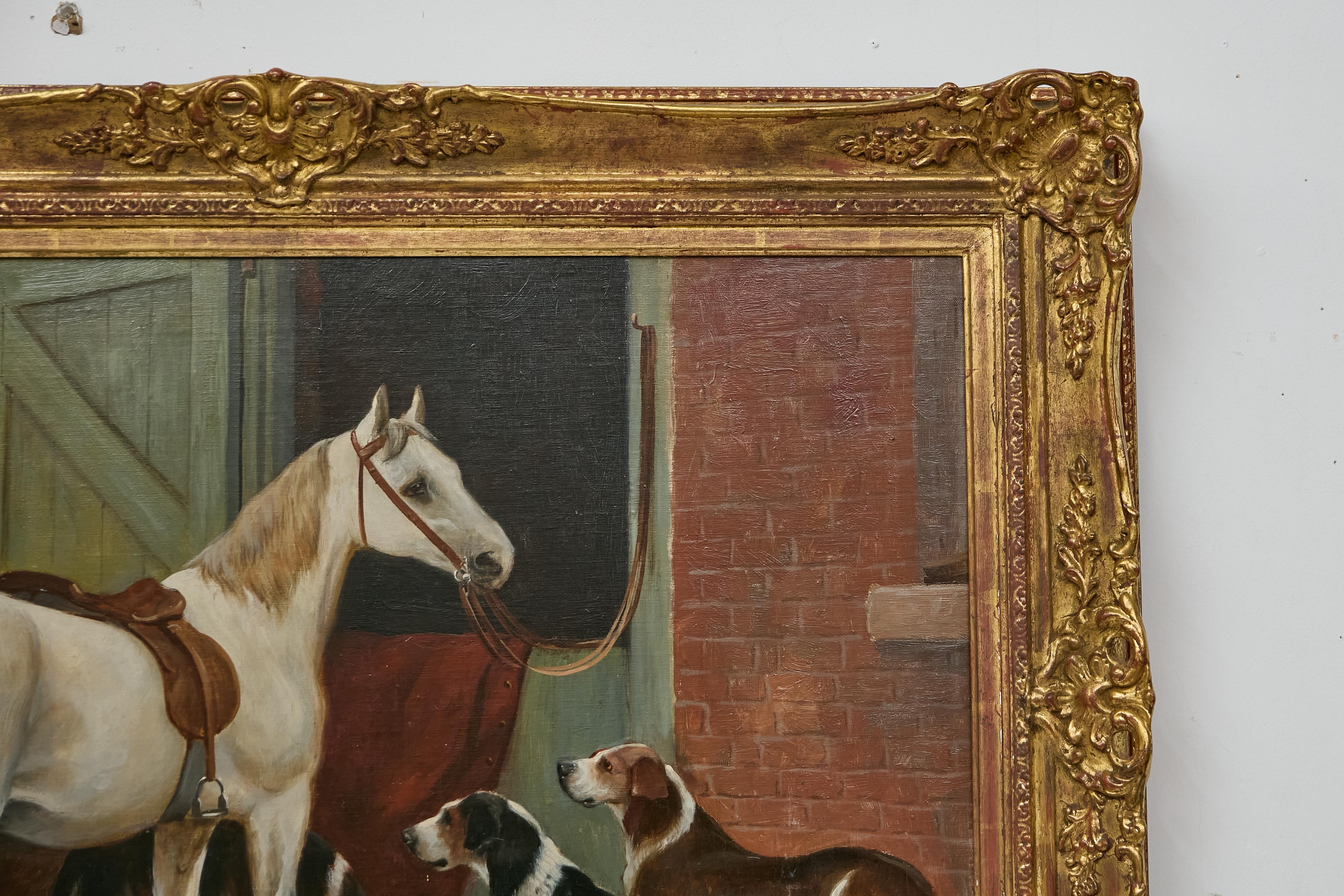 Bois doré Peinture à l'huile du 19e siècle sur le thème du cheval et du chien dans un cadre, signée C.I.C. en vente