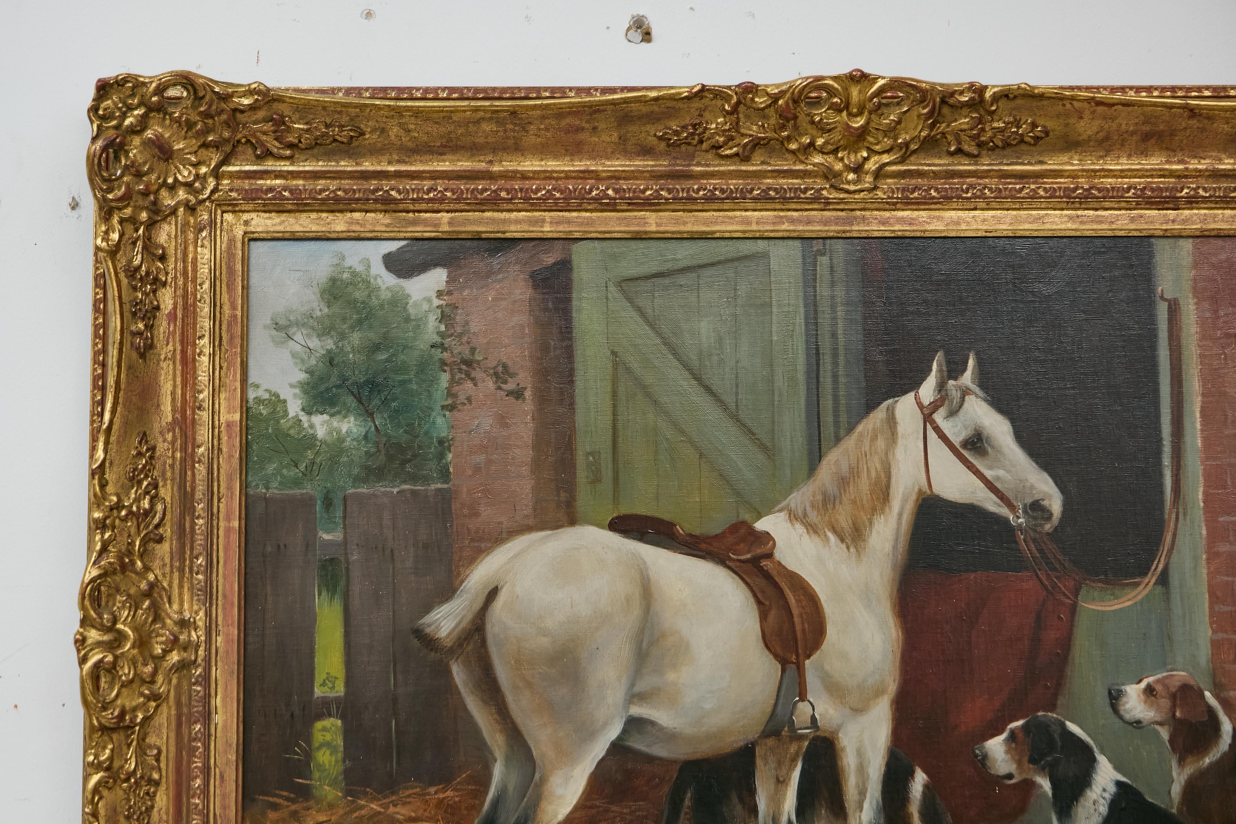 Peinture à l'huile du 19e siècle sur le thème du cheval et du chien dans un cadre, signée C.I.C. en vente 1