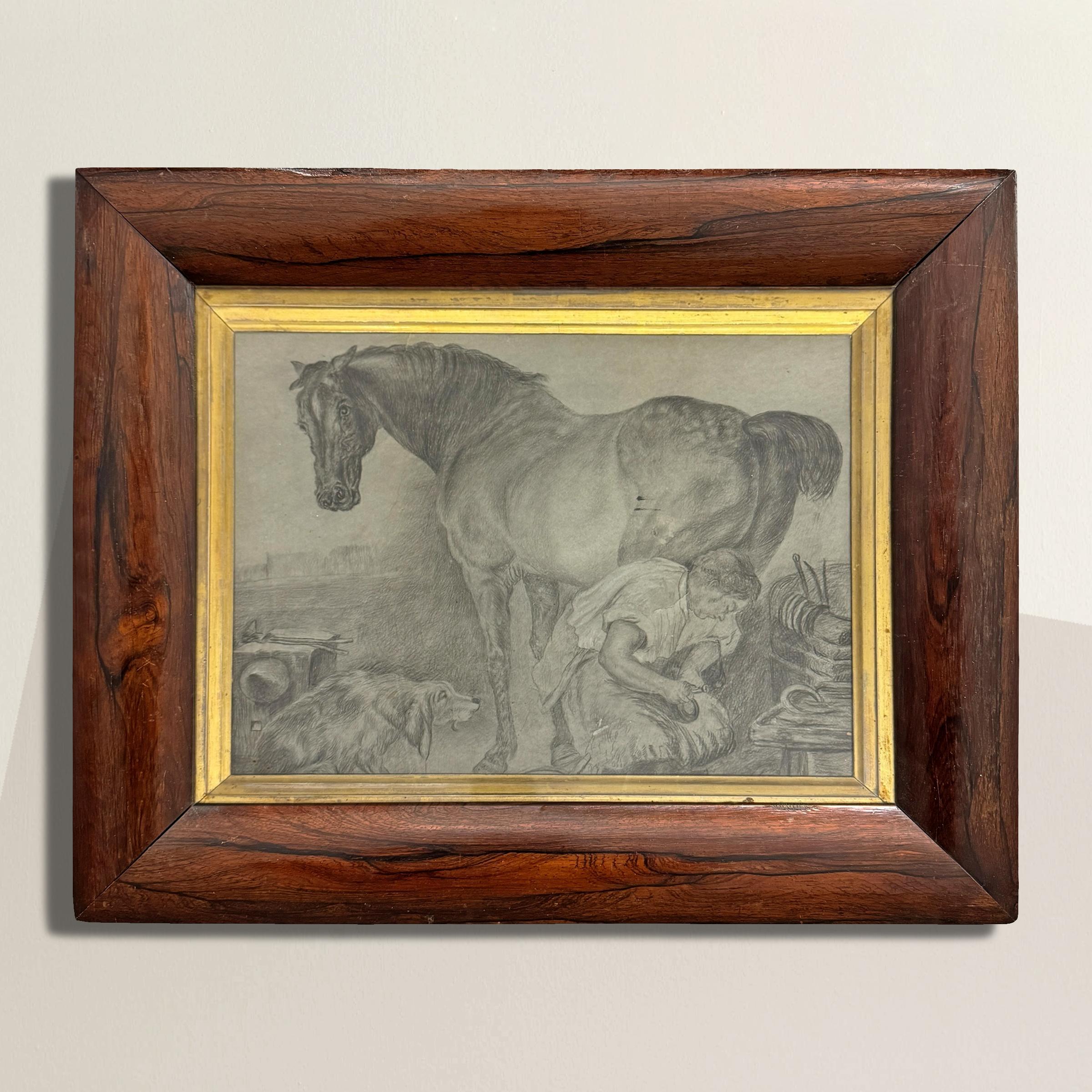 This exquisite 19th-century English drawing captures a serene moment in a blacksmith shop, where a farrier leans intently, shoeing a majestic horse. Rendered with exceptional detail, the horse is the centerpiece, its musculature expertly defined,
