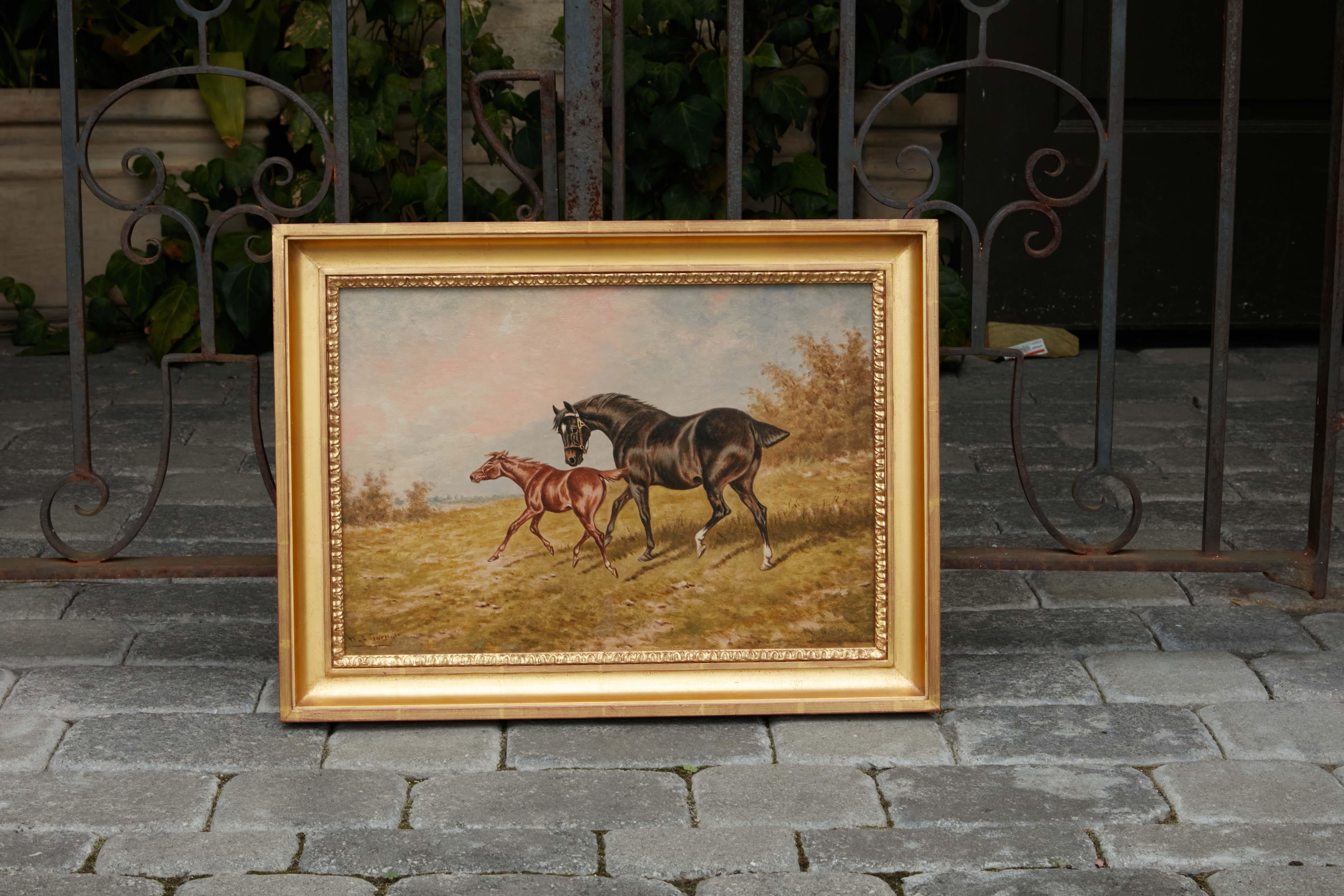 19th Century English Horse Oil on Board Painting by N. E. Turner in Gilded Frame For Sale 5