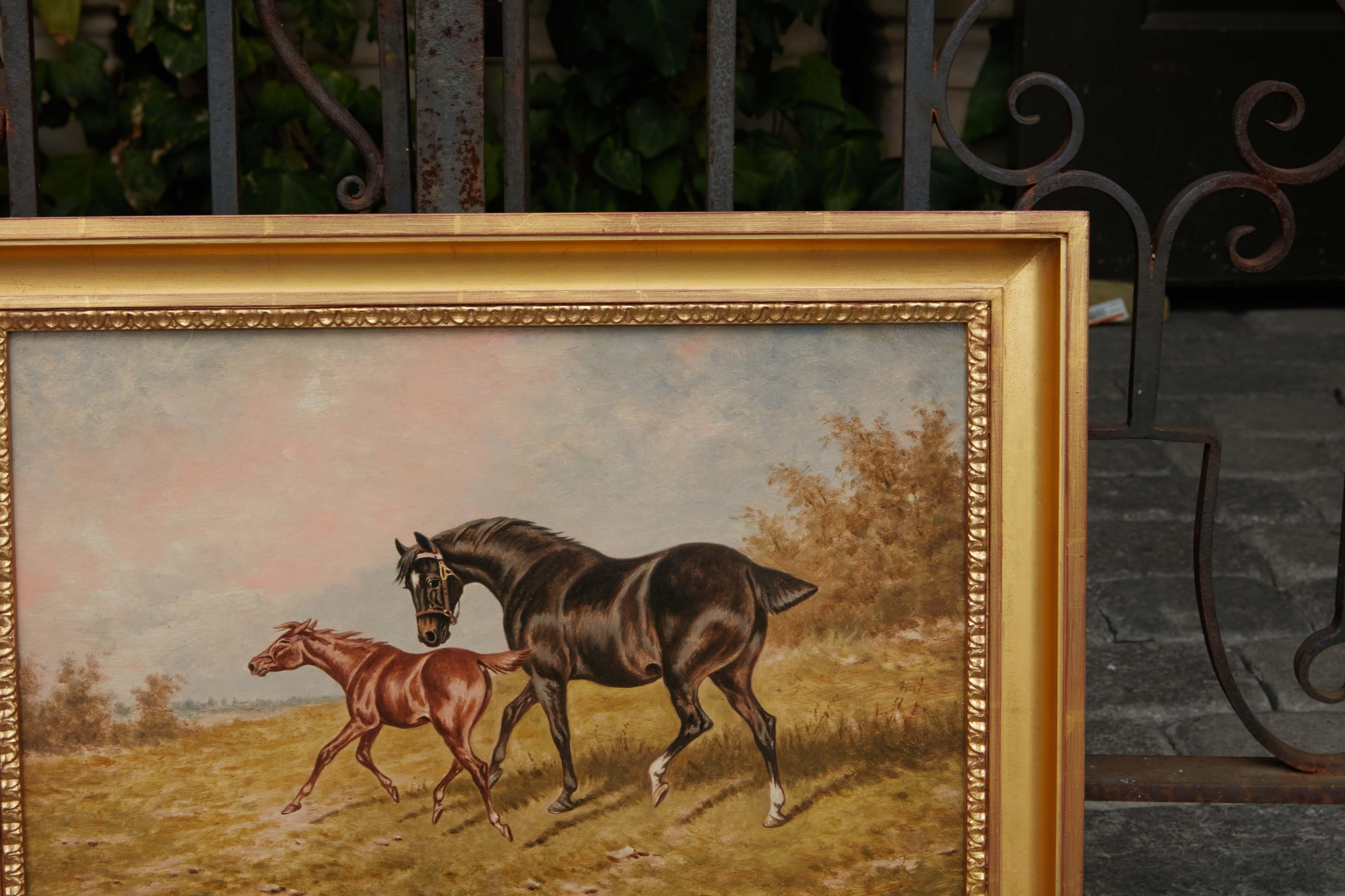 19th Century English Horse Oil on Board Painting by N. E. Turner in Gilded Frame In Good Condition For Sale In Atlanta, GA