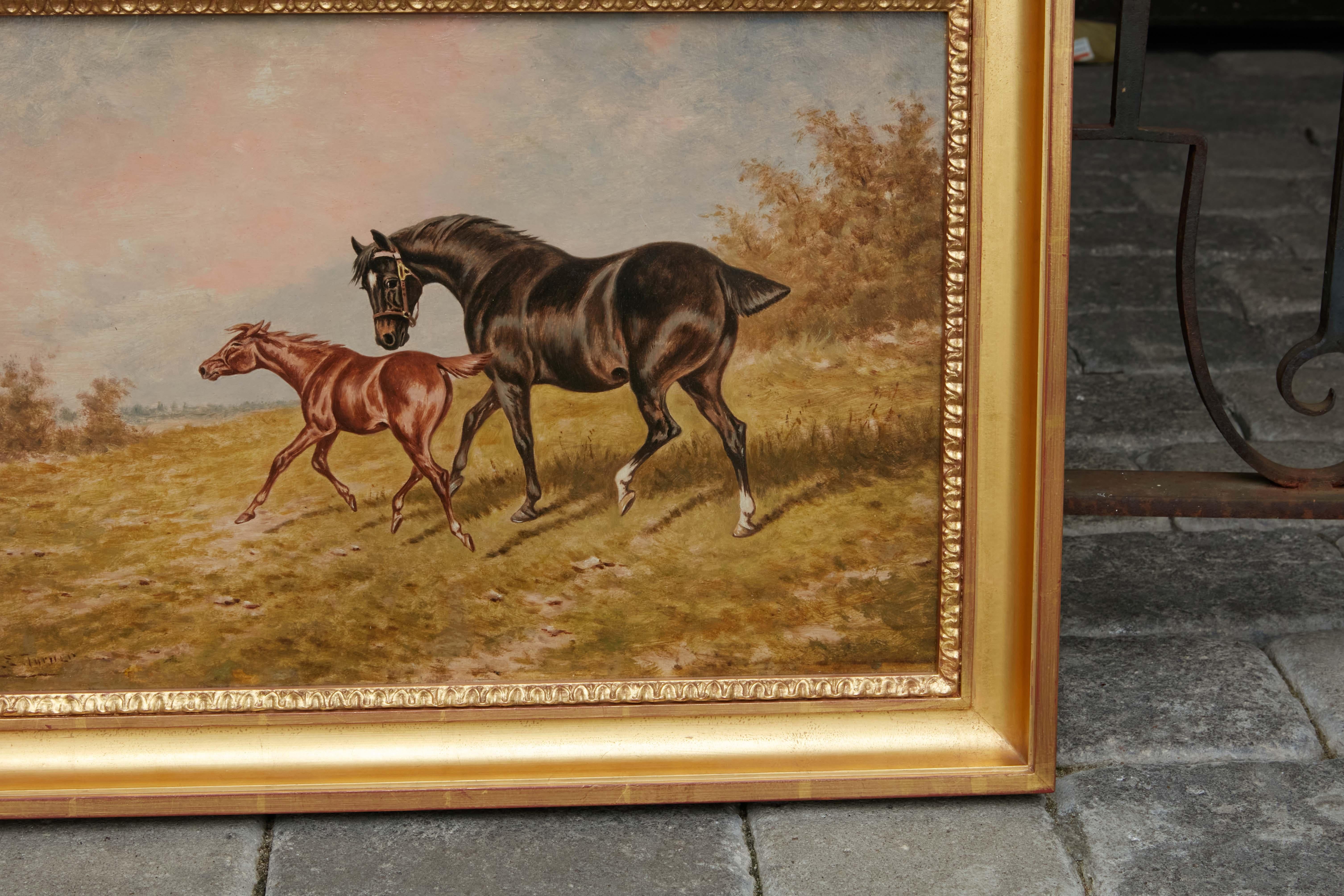 Wood 19th Century English Horse Oil on Board Painting by N. E. Turner in Gilded Frame For Sale