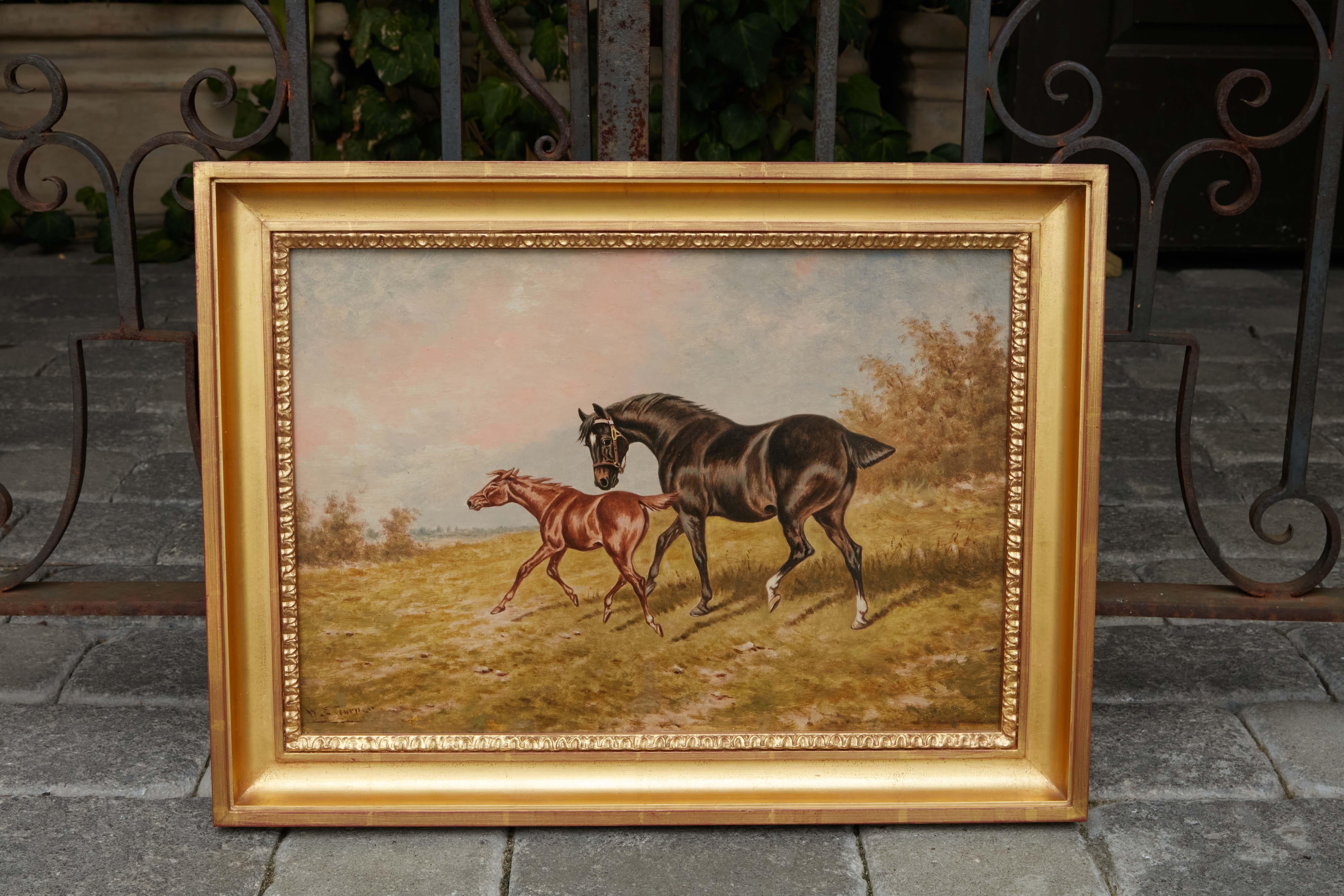 19th Century English Horse Oil on Board Painting by N. E. Turner in Gilded Frame For Sale 1