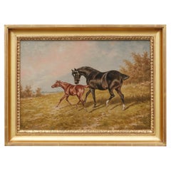 Pintura al óleo sobre tabla de N. E. Turner del siglo XIX sobre un caballo inglés en marco dorado