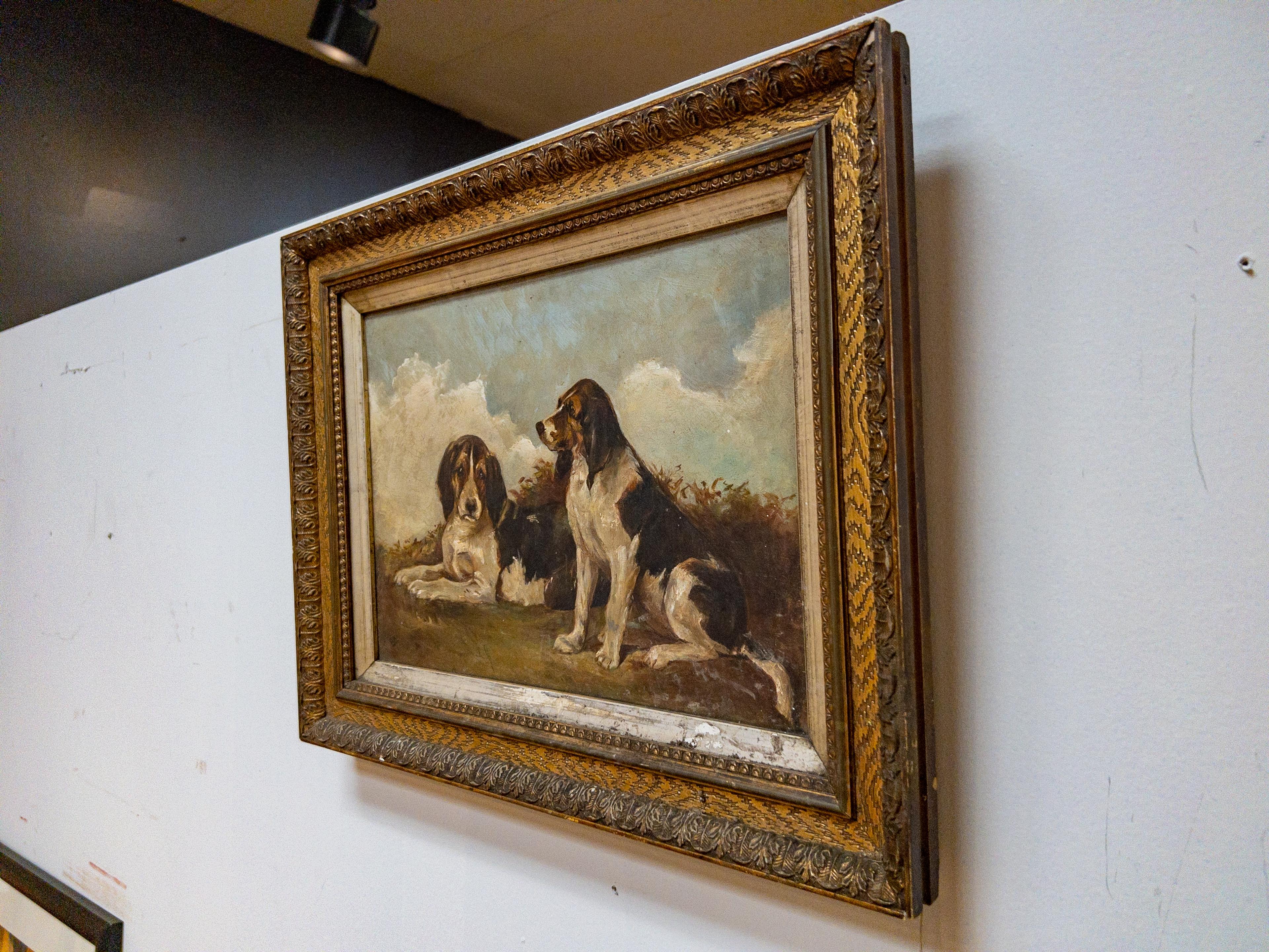 Français Huile sur toile du 19e siècle sur chien anglais dans un cadre doré en vente
