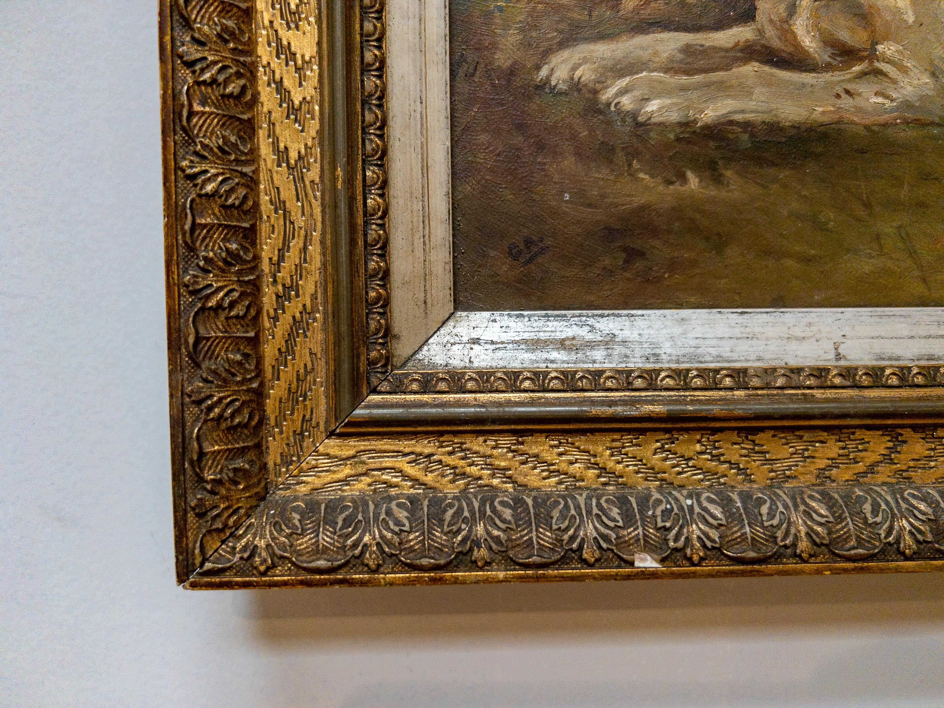 Doré Huile sur toile du 19e siècle sur chien anglais dans un cadre doré en vente