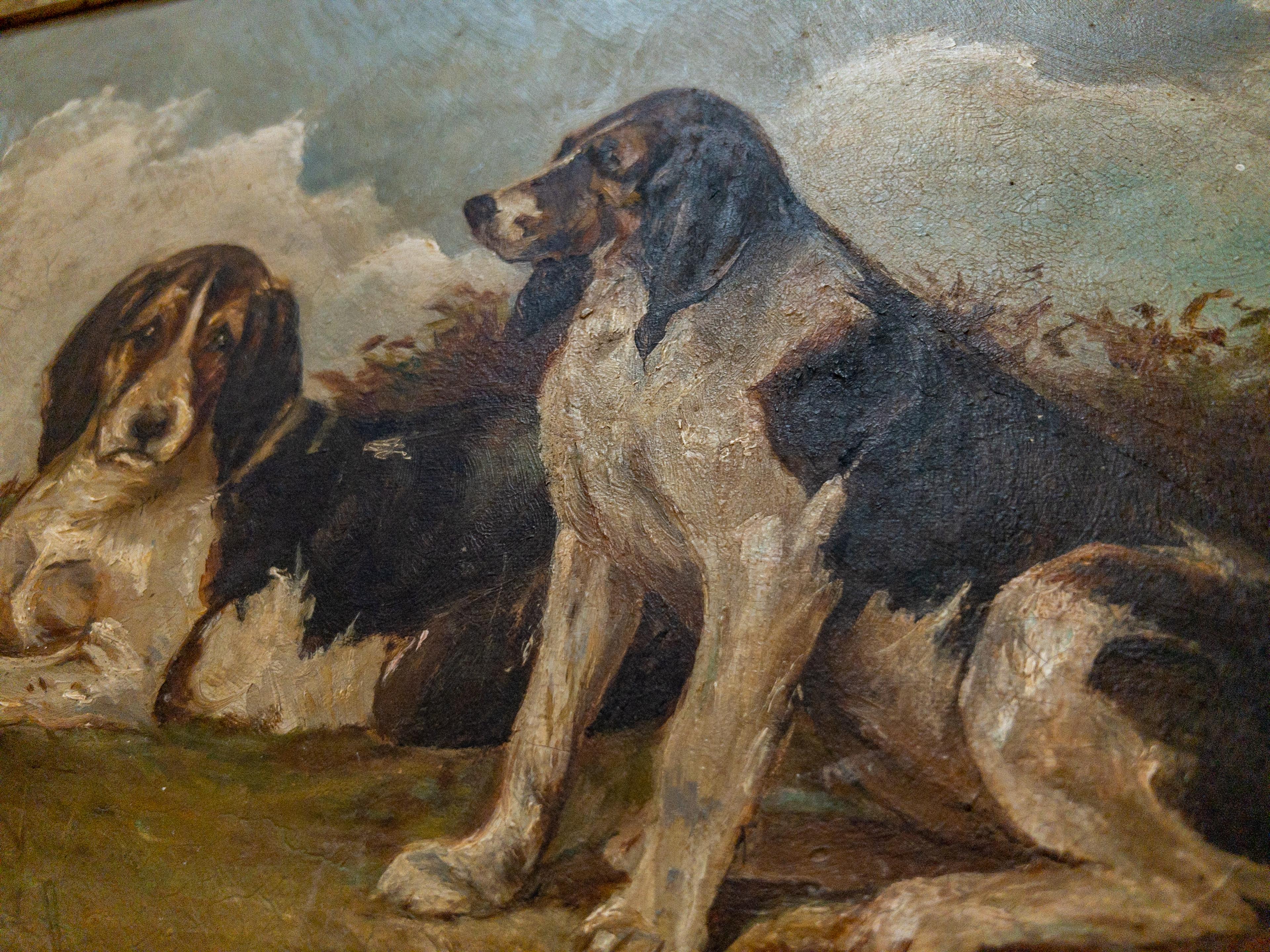 XIXe siècle Huile sur toile du 19e siècle sur chien anglais dans un cadre doré en vente