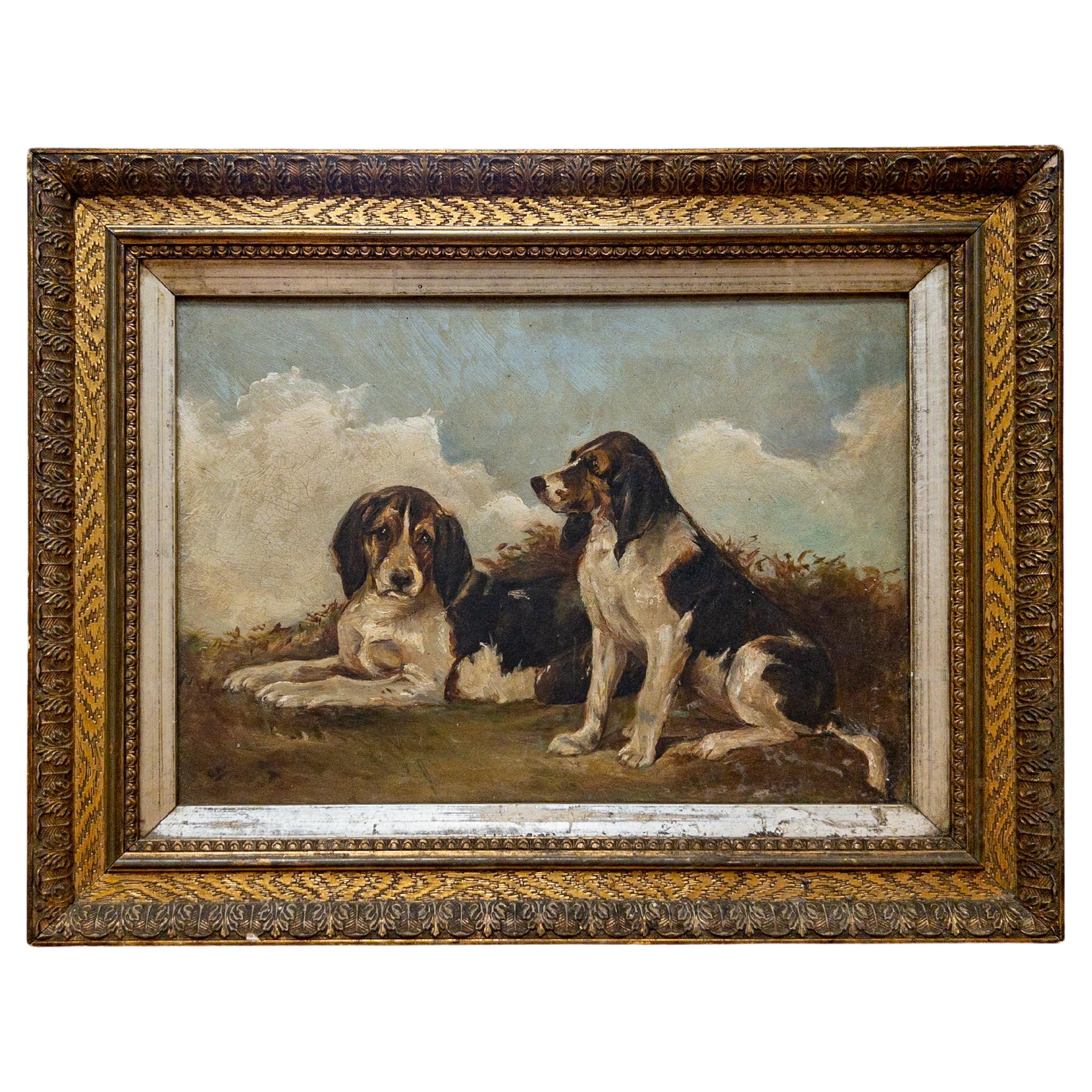 Huile sur toile du 19e siècle sur chien anglais dans un cadre doré en vente