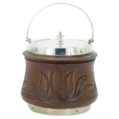 19th Century English Ice Bucket in Silver Plate and Hand Carved Oak