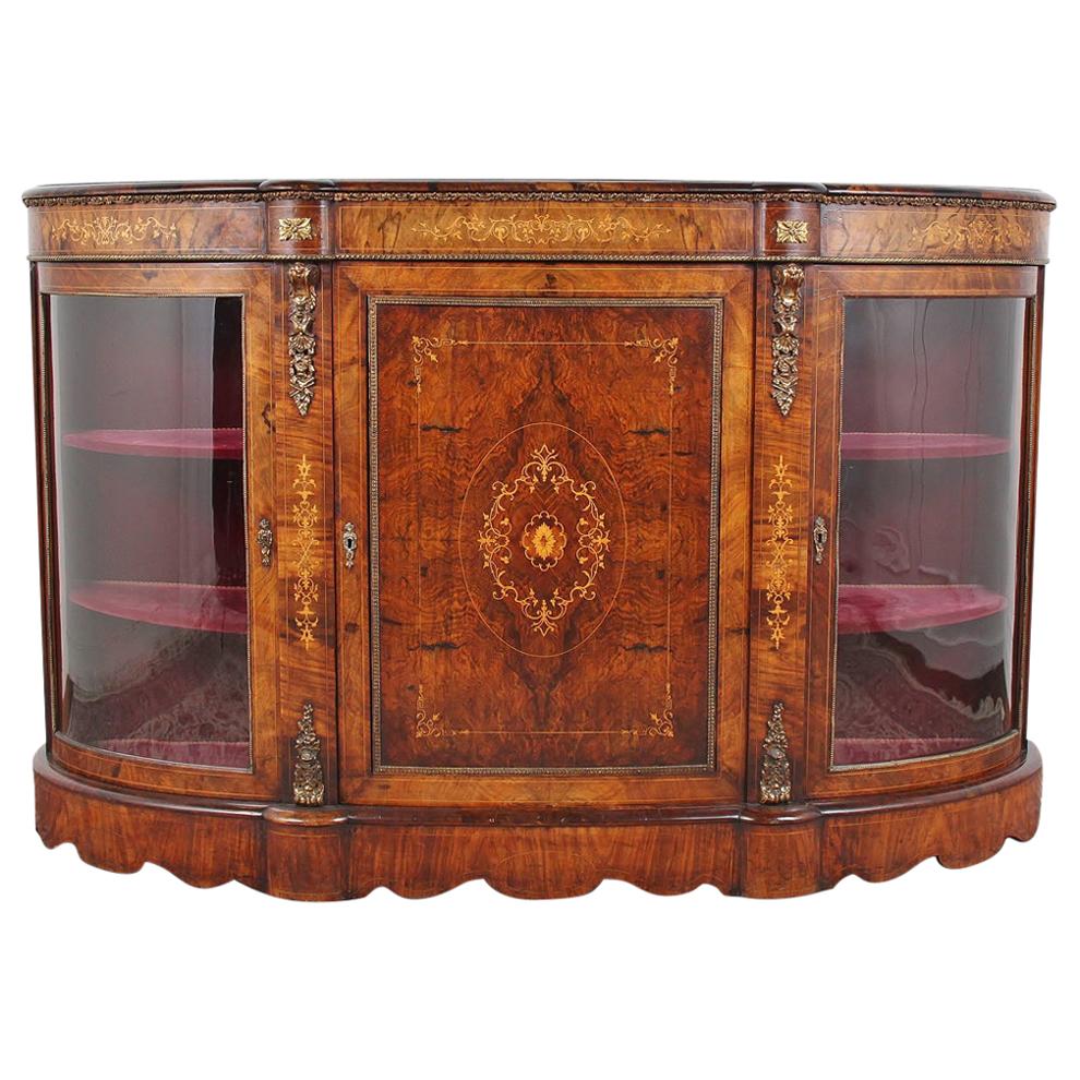 19th Century English Inlaid Burl Walnut Victorian Credenza Side