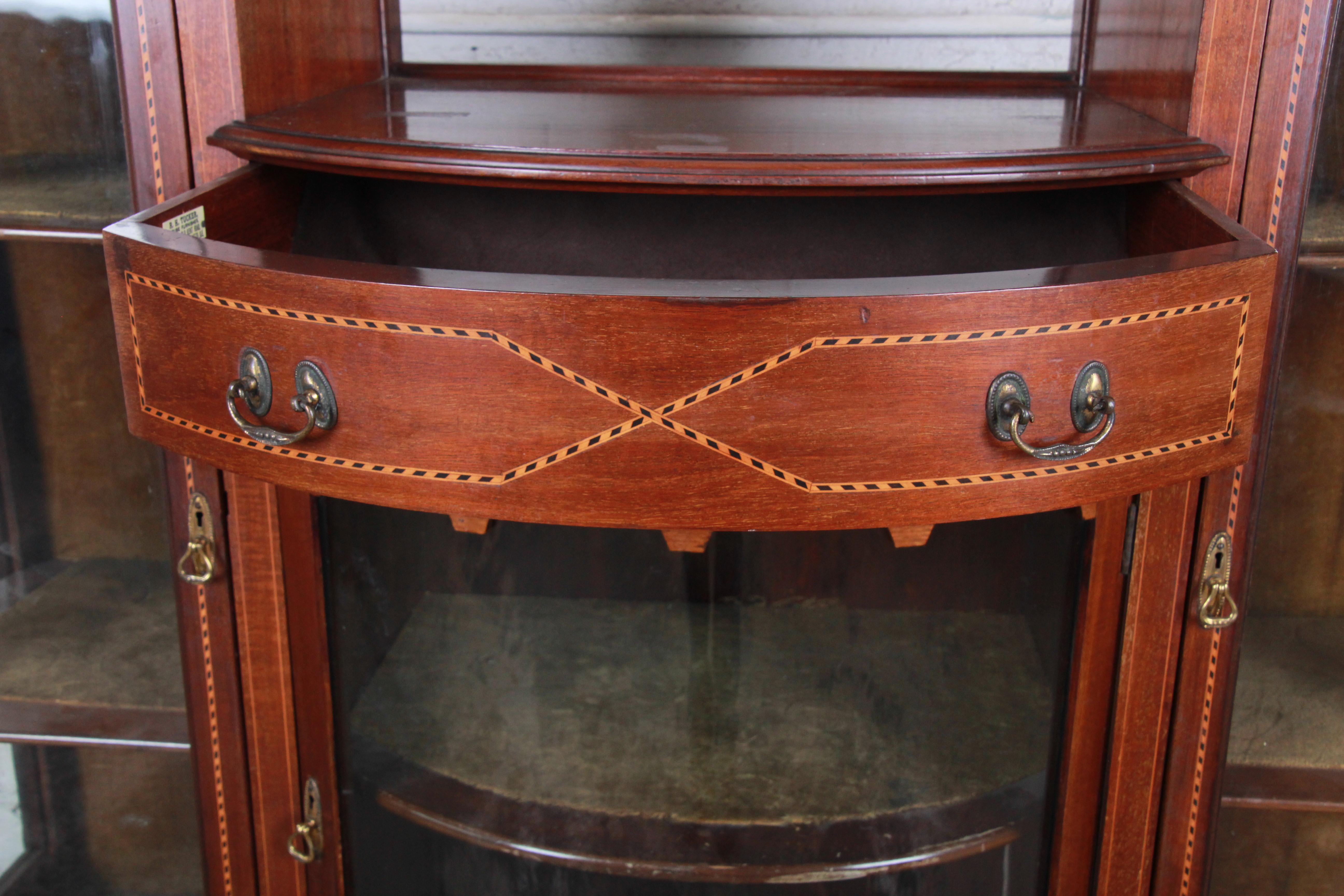 19th Century English Inlaid Mahogany Curved Glass Bookcase or Display Cabinet 1