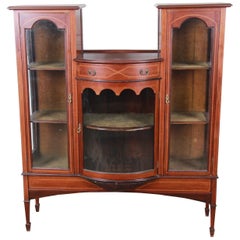 Antique 19th Century English Inlaid Mahogany Curved Glass Bookcase or Display Cabinet