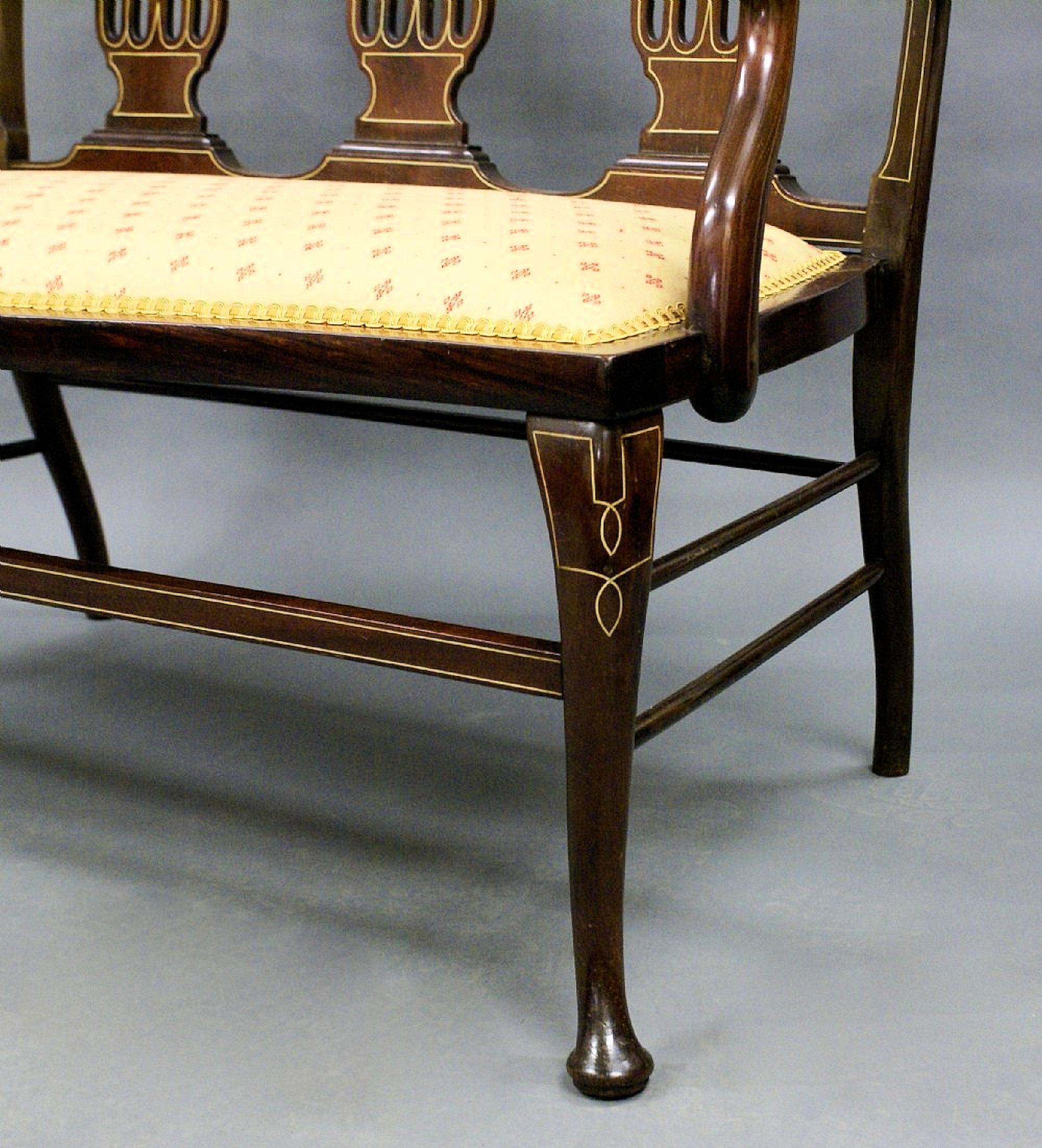 Hand-Carved 19th Century English Inlaid Mahogany Settee For Sale