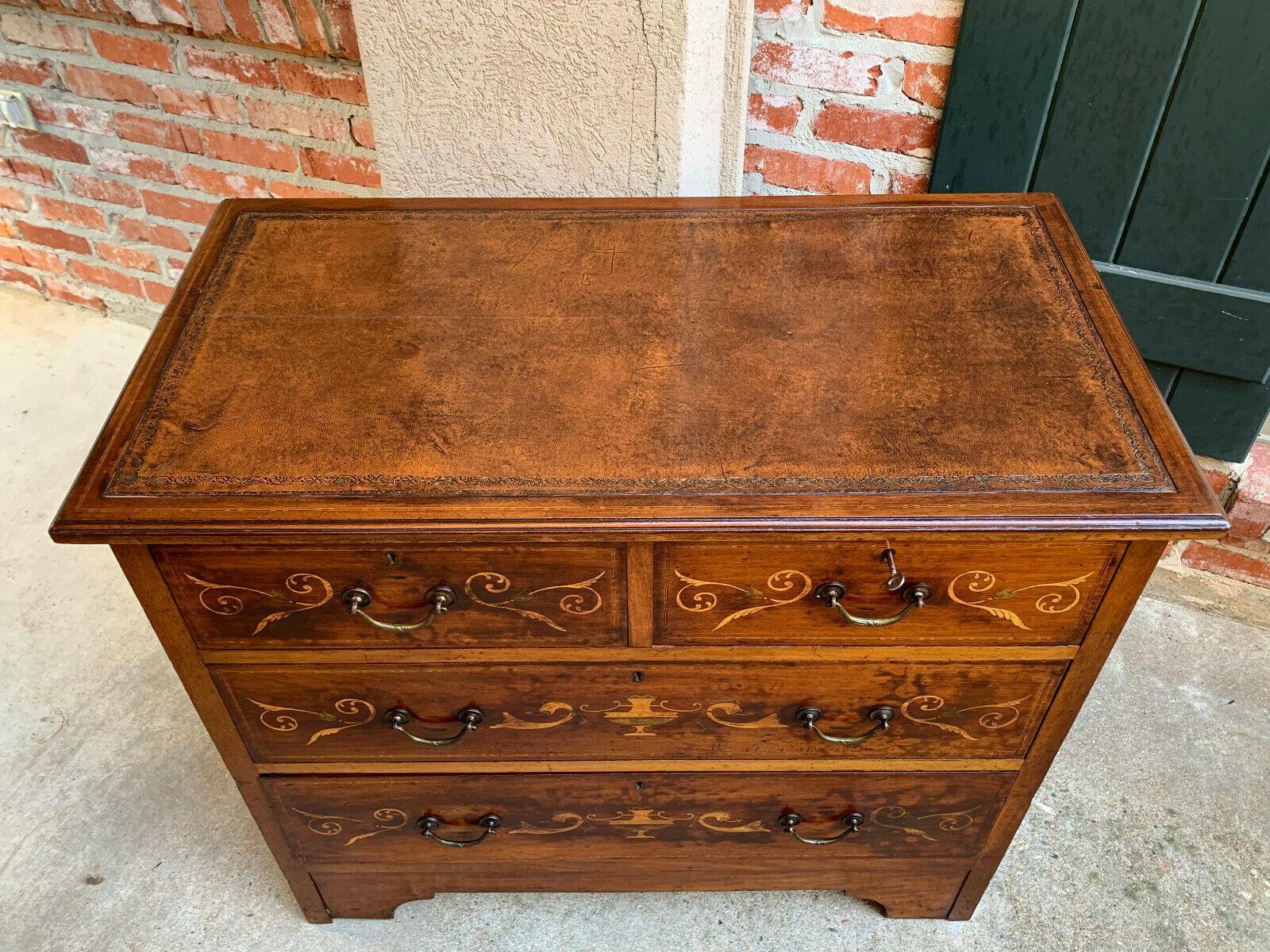 British 19th century English Inlaid Oak Chest of Drawers Cabinet Leather Table Georgian 