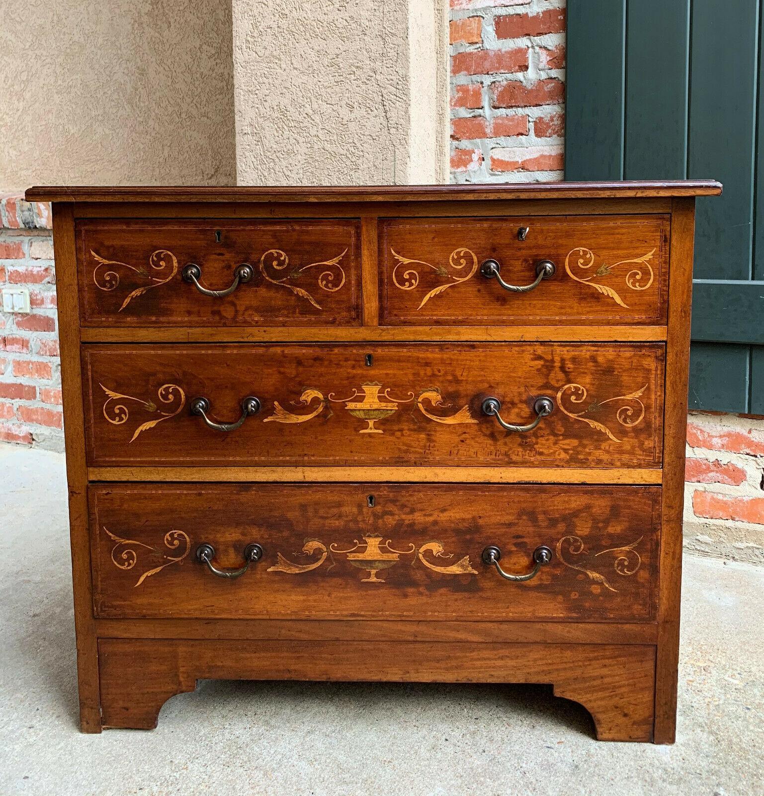 19th century English Inlaid Oak Chest of Drawers Cabinet Leather Table Georgian  In Good Condition In Shreveport, LA