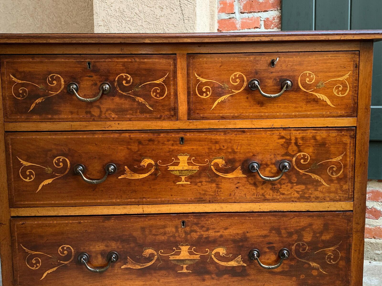 19th Century 19th century English Inlaid Oak Chest of Drawers Cabinet Leather Table Georgian 