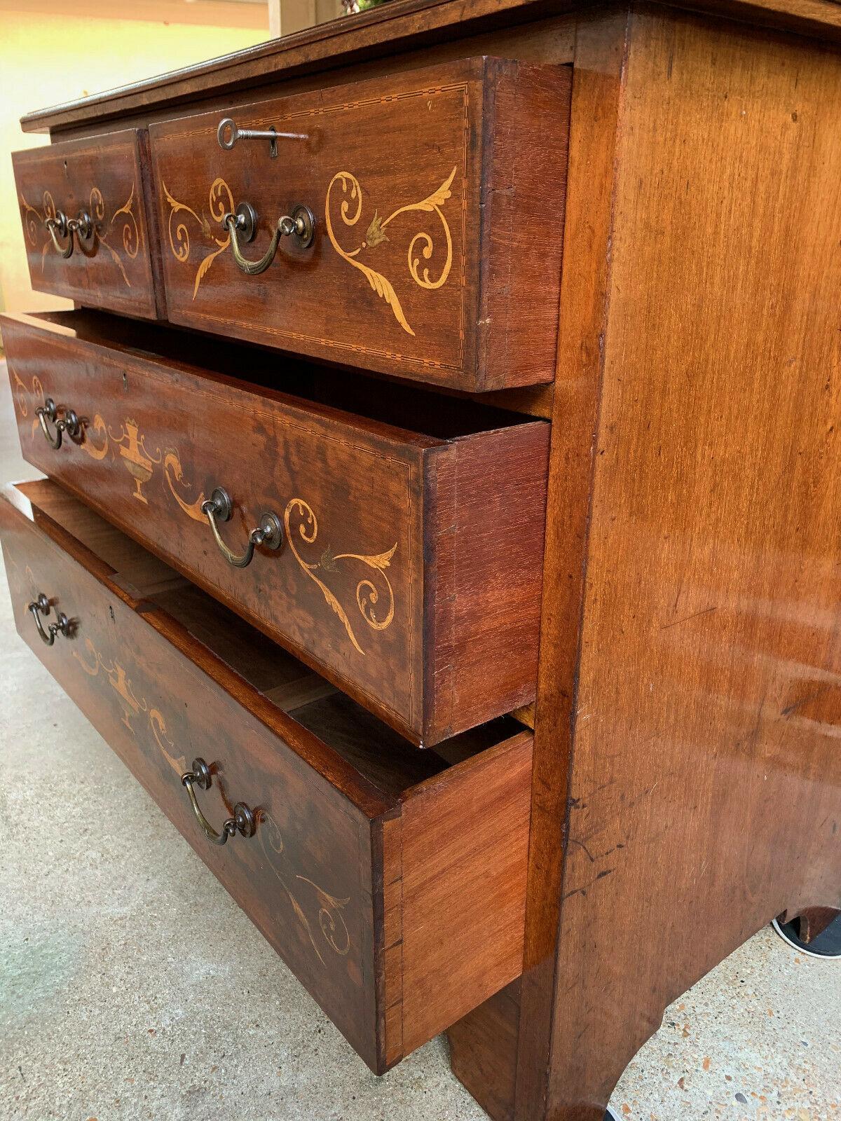 19th century English Inlaid Oak Chest of Drawers Cabinet Leather Table Georgian  3