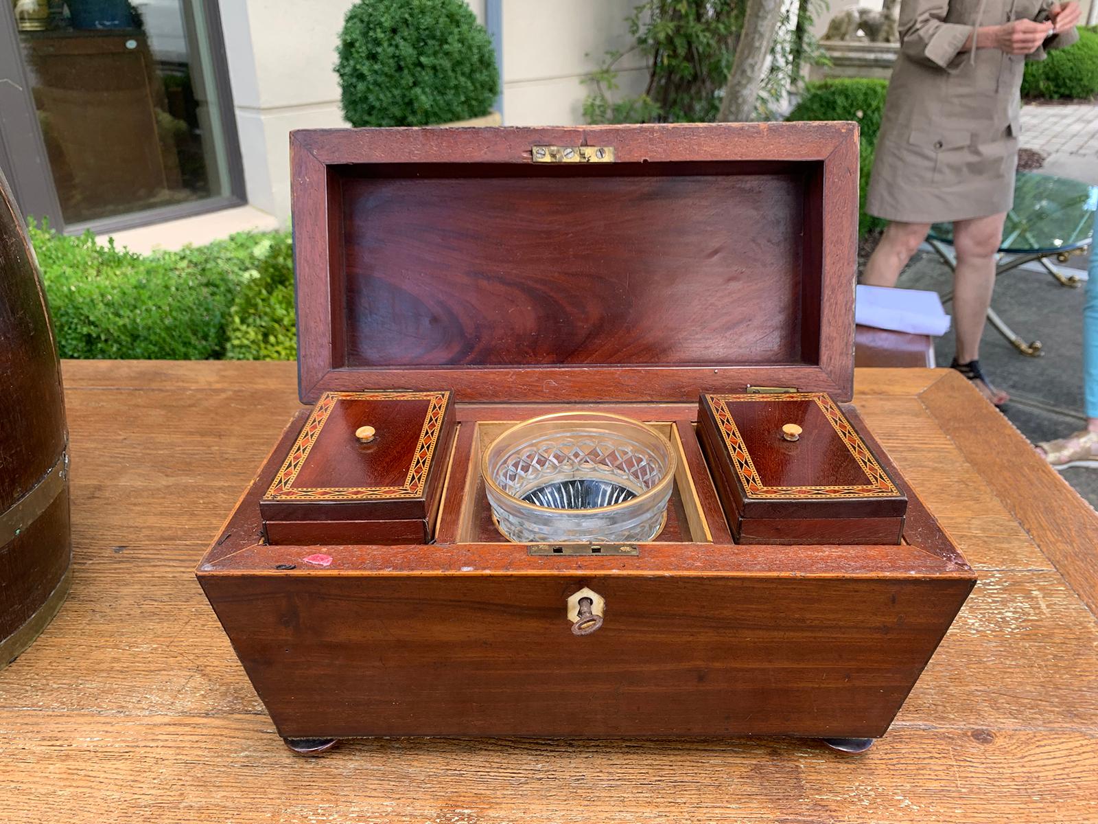 Wood 19th Century English Inlaid Tea Caddy with Crystal Rinser