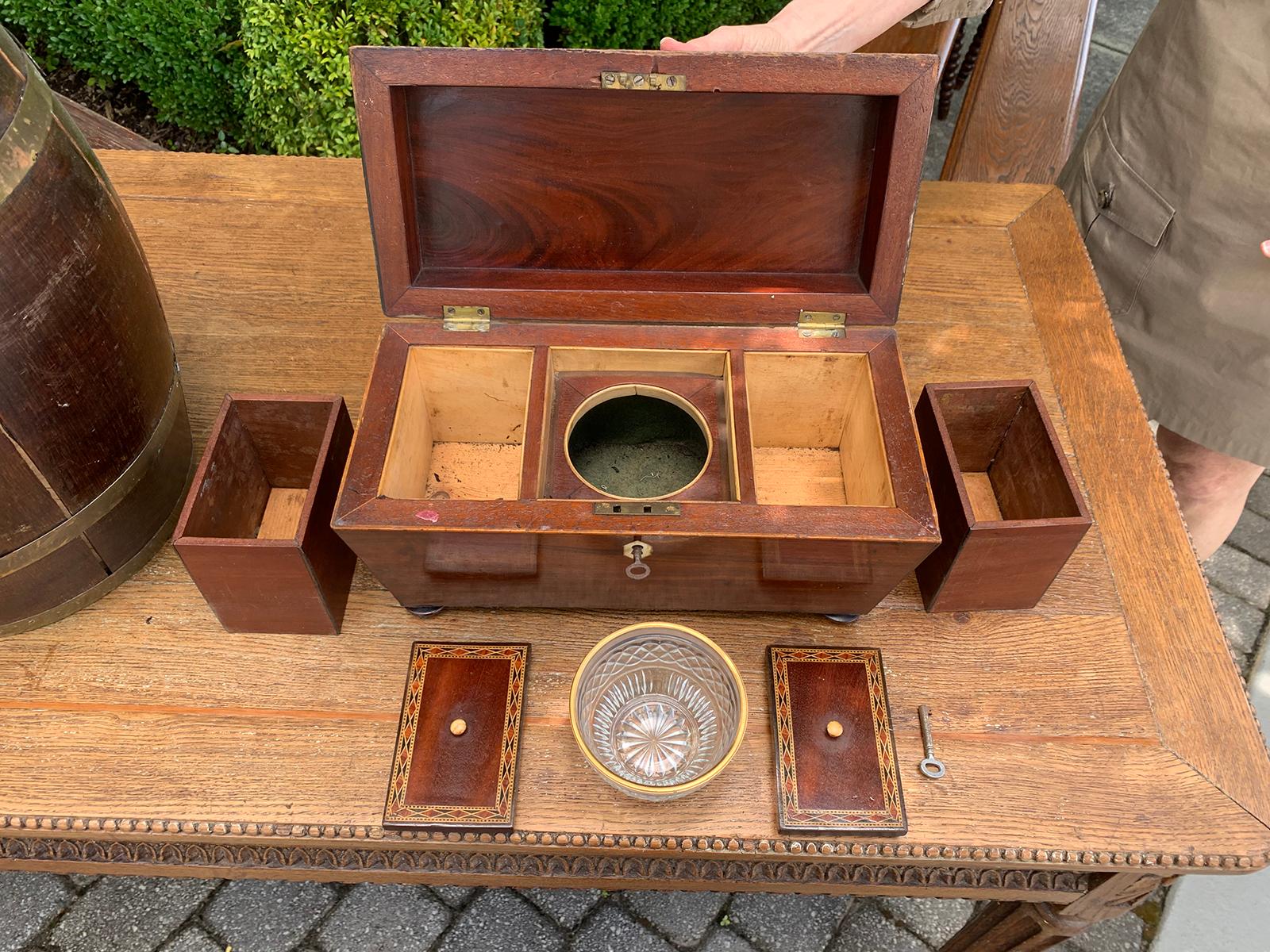 19th Century English Inlaid Tea Caddy with Crystal Rinser 3