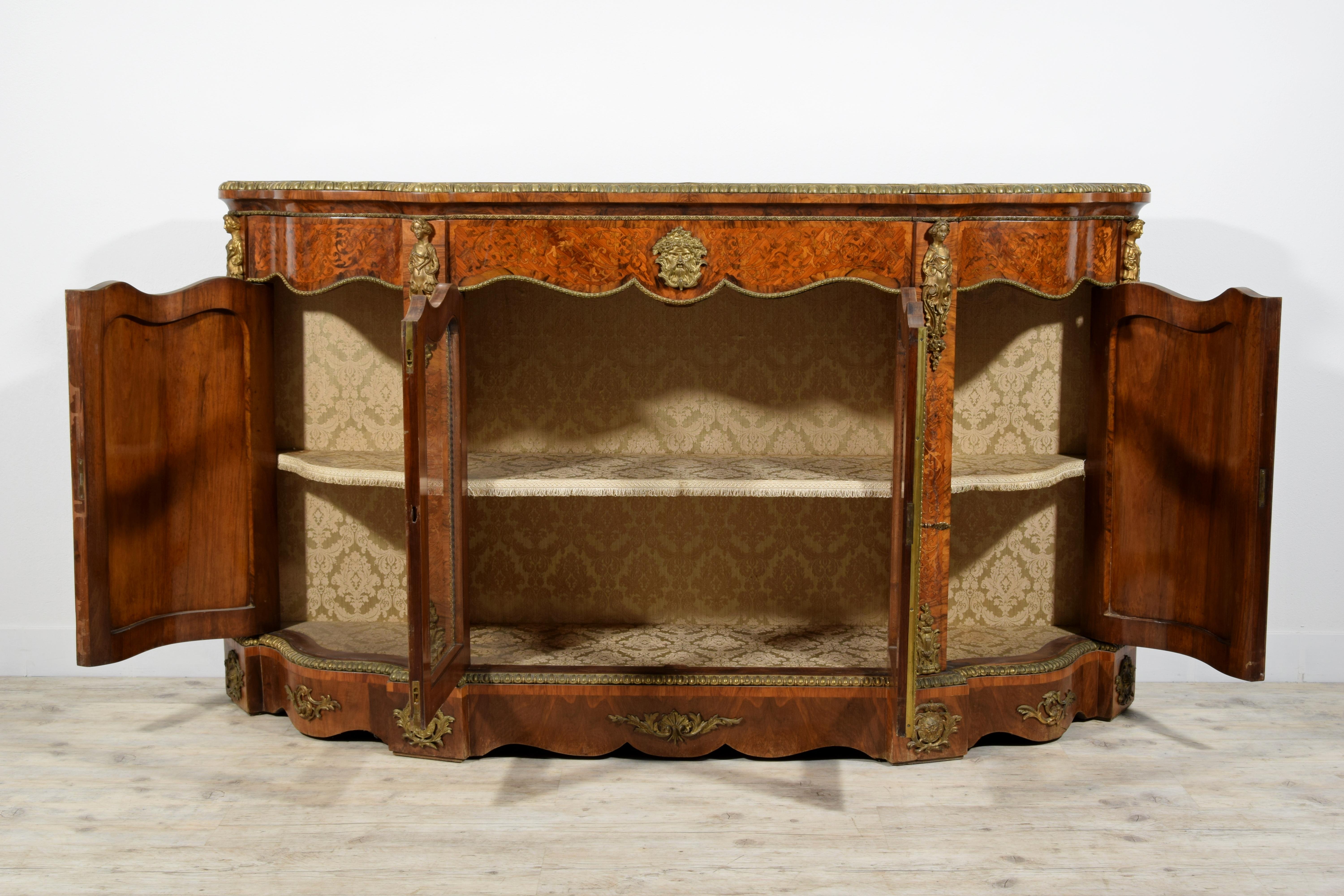 19th Century, English Inlaid Wood Sideboard with Gilt Bronzes 13
