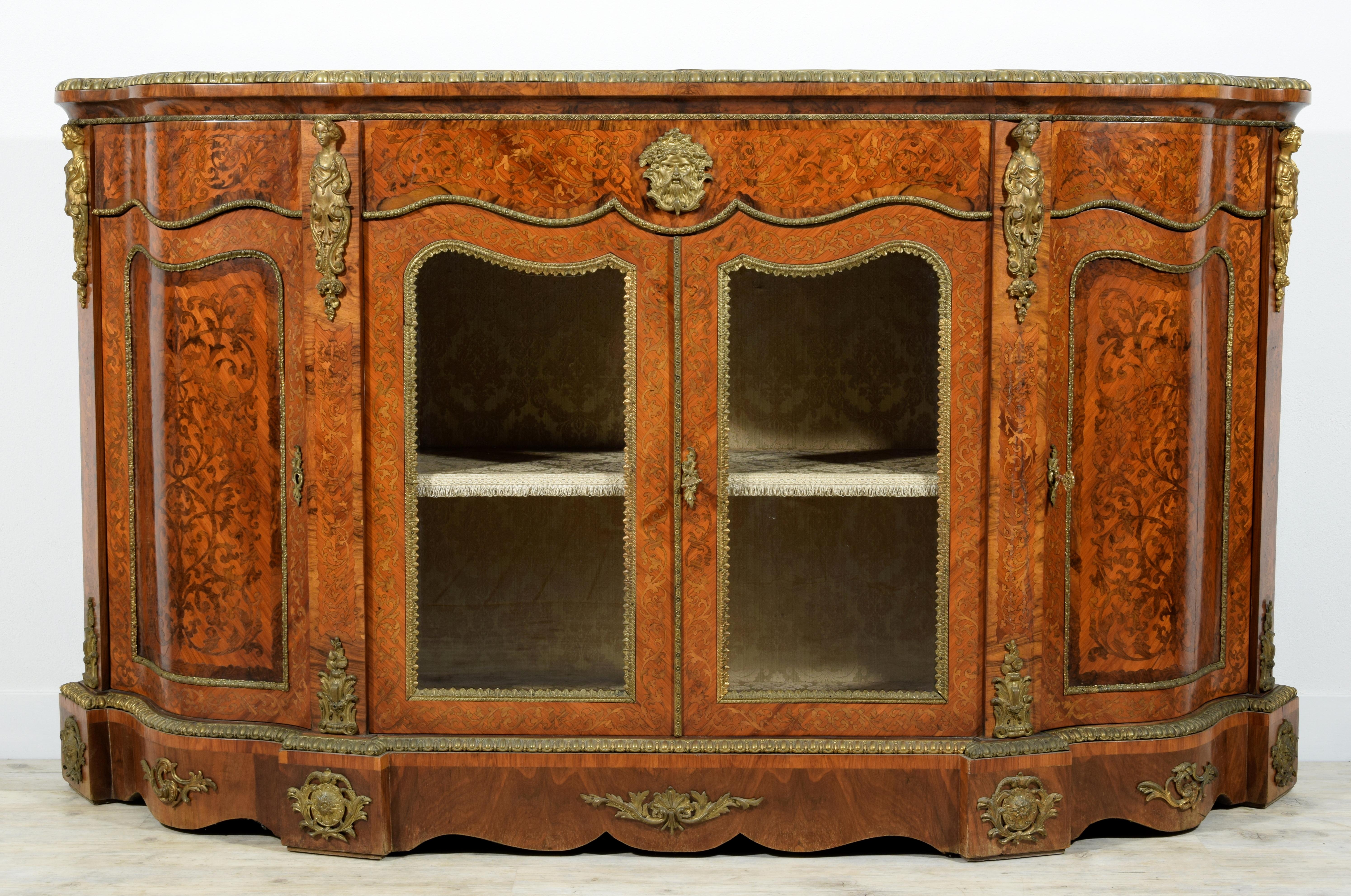 19th Century, English Inlaid Wood Sideboard with Gilt Bronzes 1