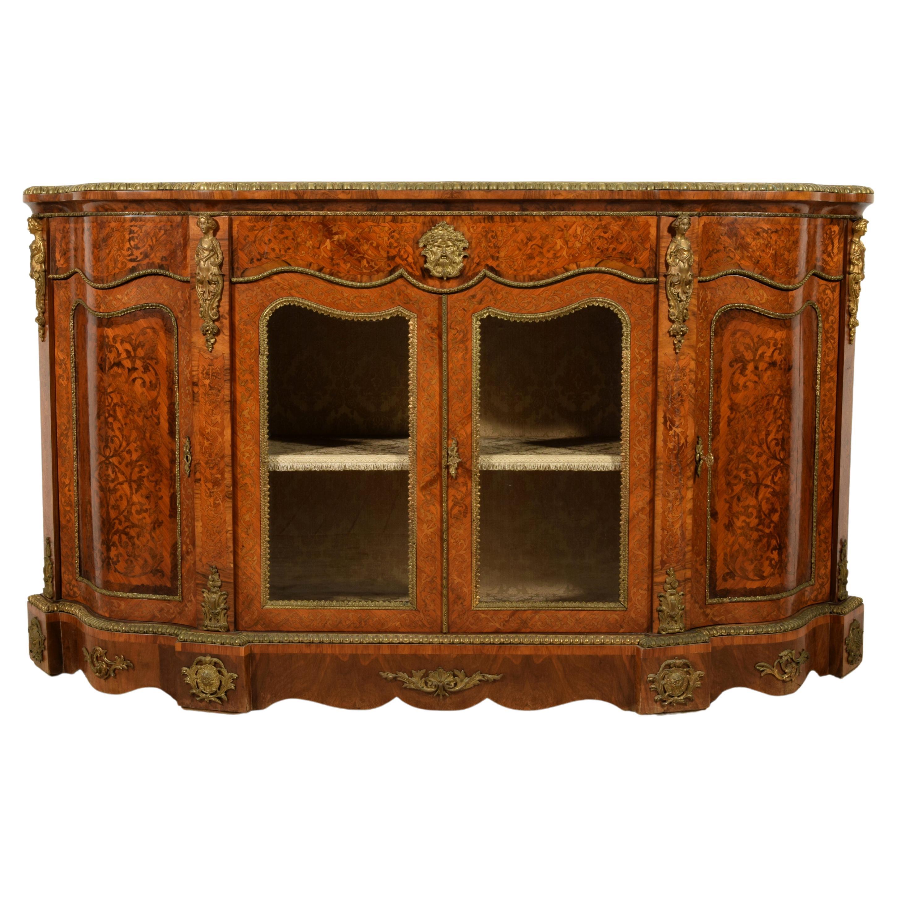 19th Century, English Inlaid Wood Sideboard with Gilt Bronzes