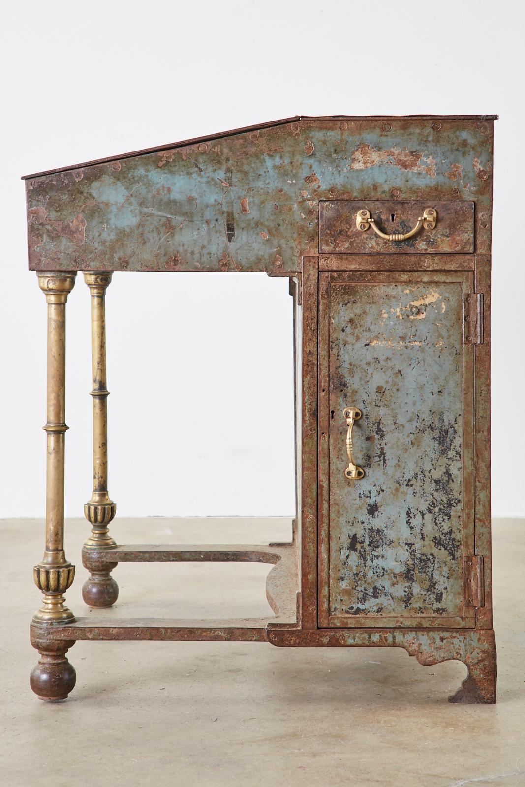 19th Century English Iron Bronze Industrial Davenport Desk In Distressed Condition In Rio Vista, CA